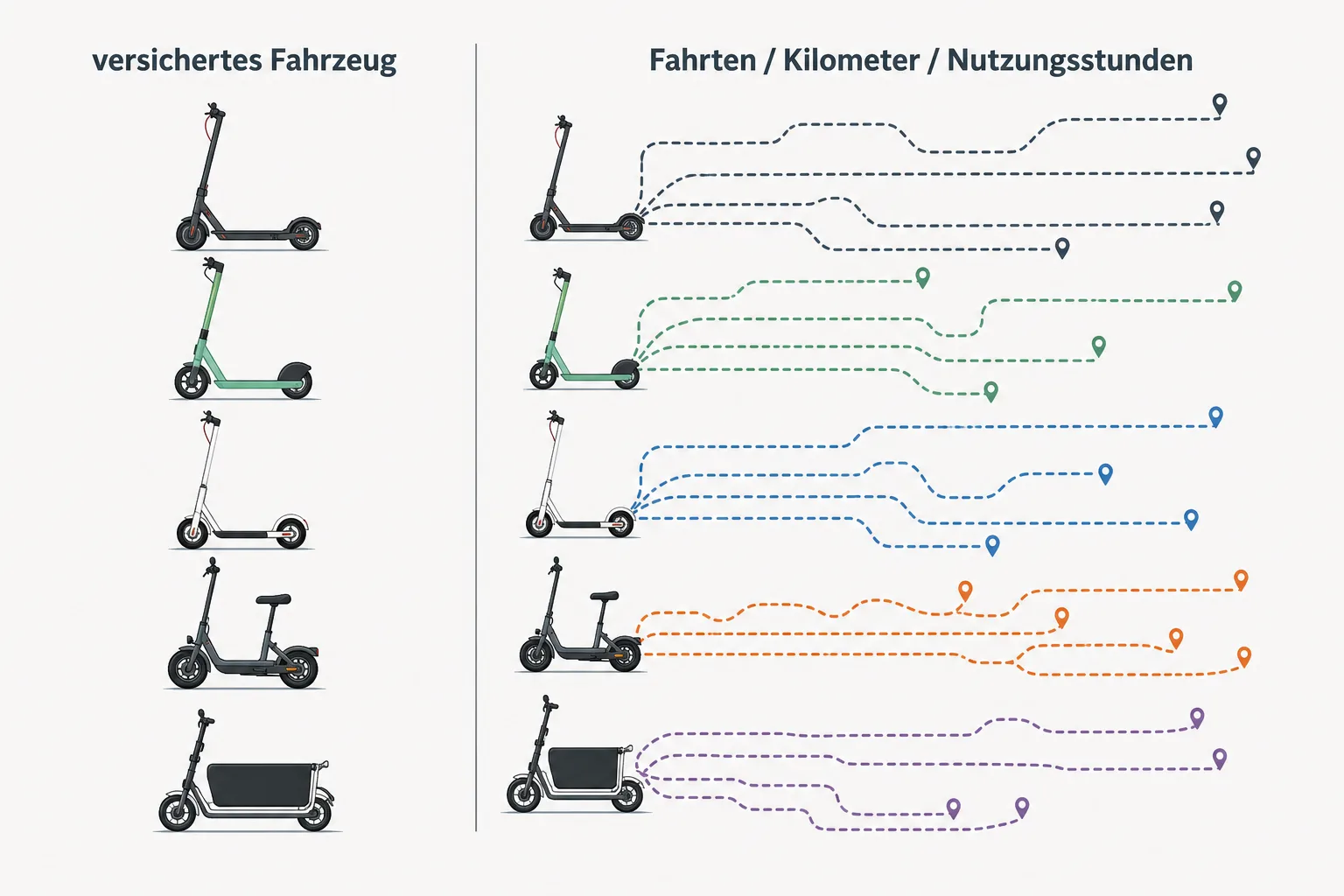 Redaktionelle Grafik trennt versicherte E-Scooter von Fahrten, Kilometern und Nutzungsstunden