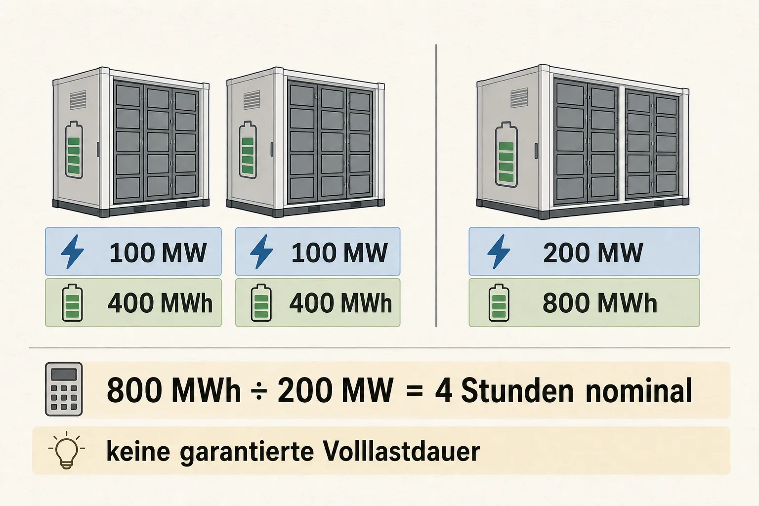 Erklärgrafik trennt zwei Batterieprojekte mit je 100 MW und 400 MWh von der gemeinsamen nominalen Vier-Stunden-Relation