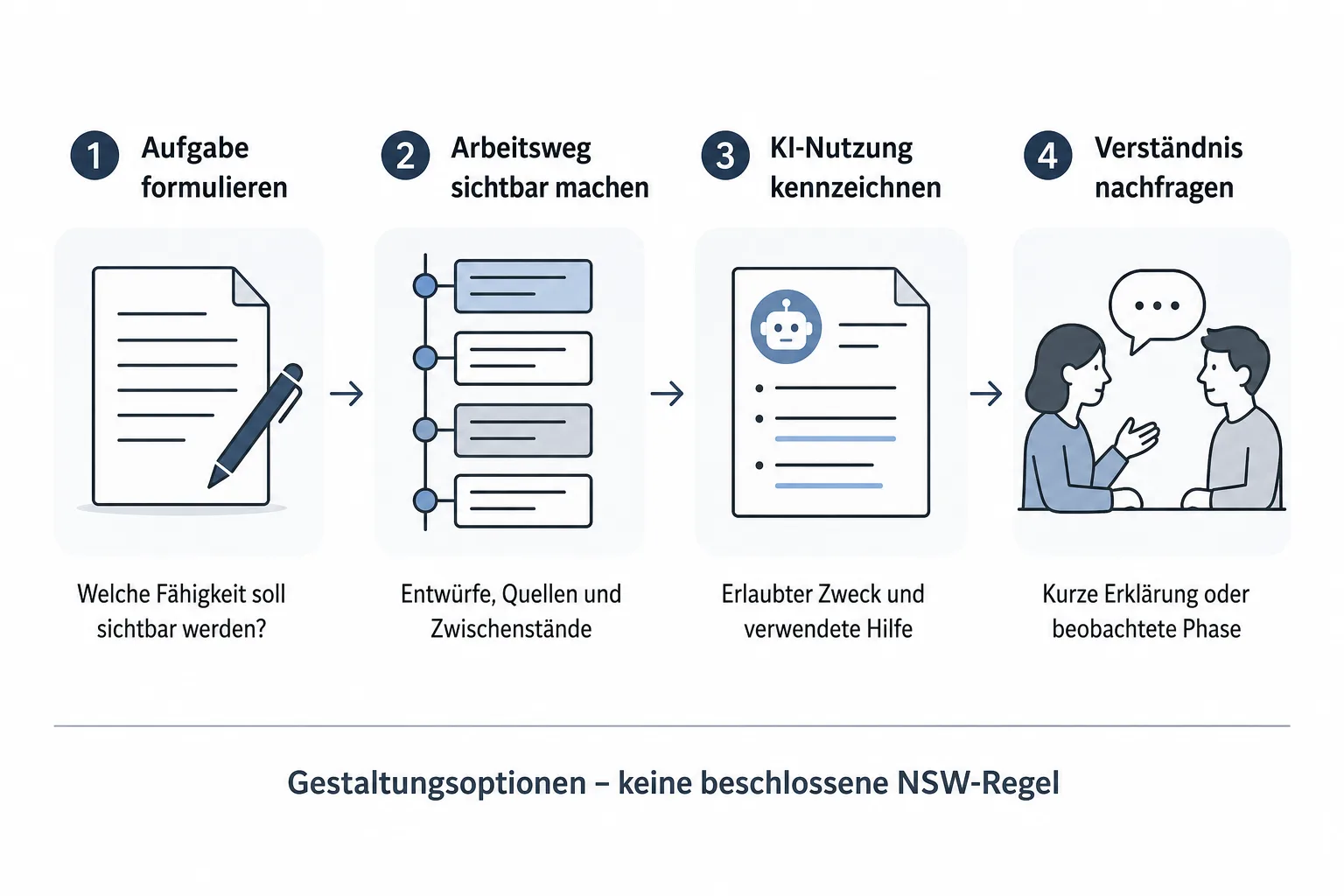 Prozessgrafik zu Aufgabenstellung, sichtbarem Arbeitsweg, KI-Kennzeichnung und Verständnisnachfrage