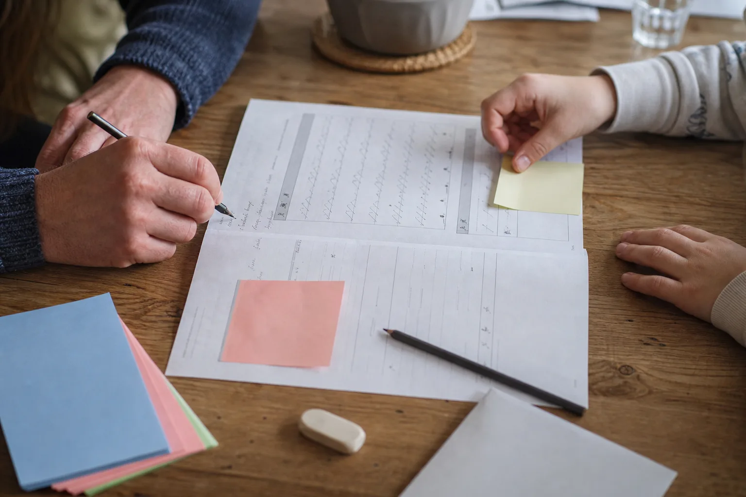 Erwachsenen- und Kinderhände bearbeiten auf einem Küchentisch ein neutrales Übungsblatt mit Bleistift, Notizzettel und Radiergummi.