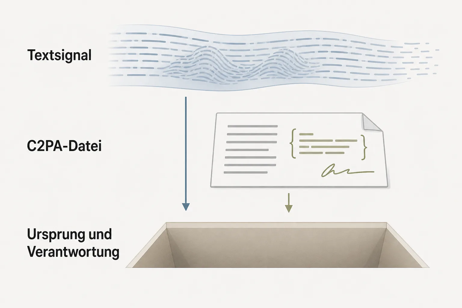 Erklärgrafik trennt ein Textsignal, signierte Dateiangaben und die offene Urheberschaft