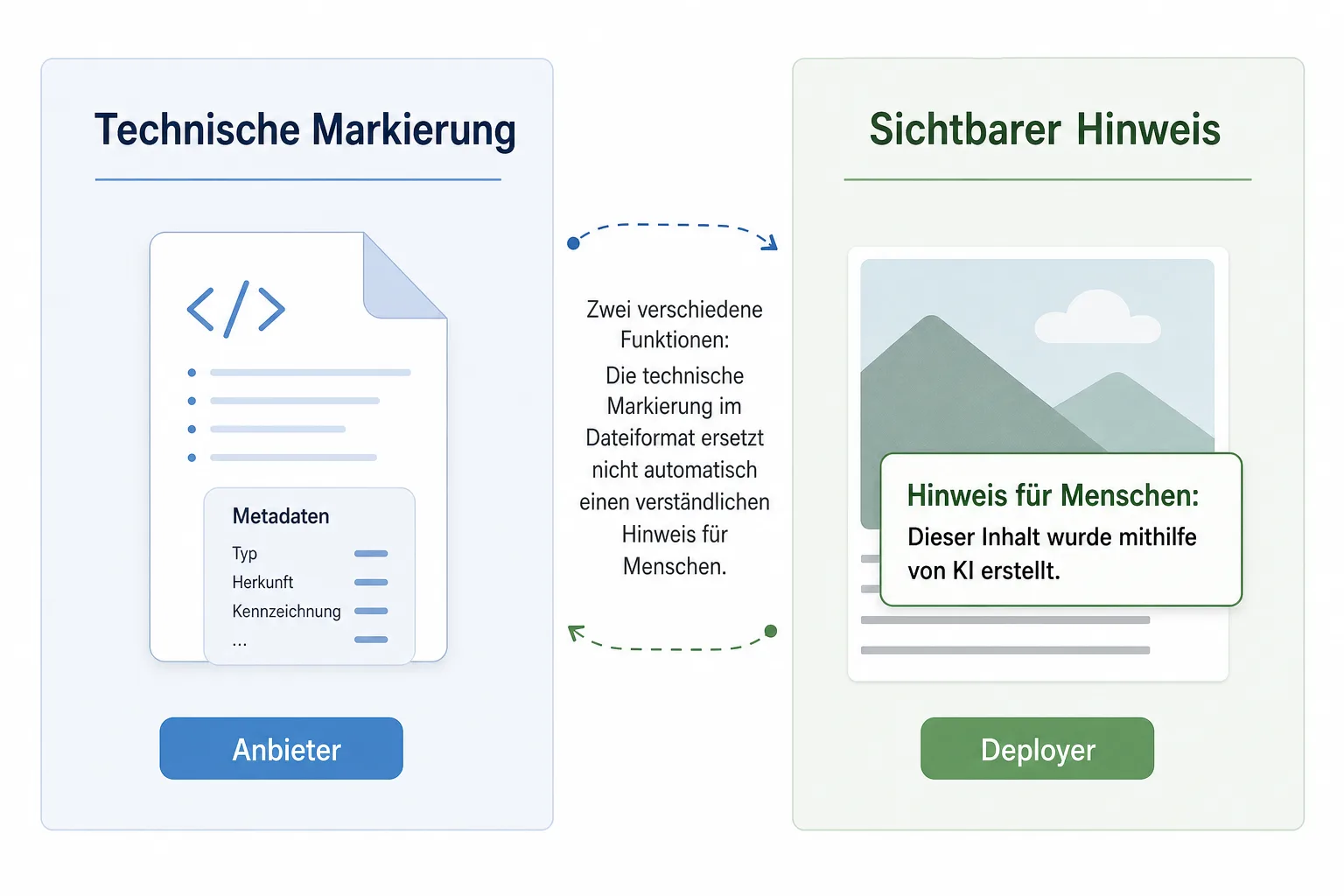 Erklärgrafik stellt technische Anbieter-Markierung und sichtbaren Hinweis für Menschen gegenüber