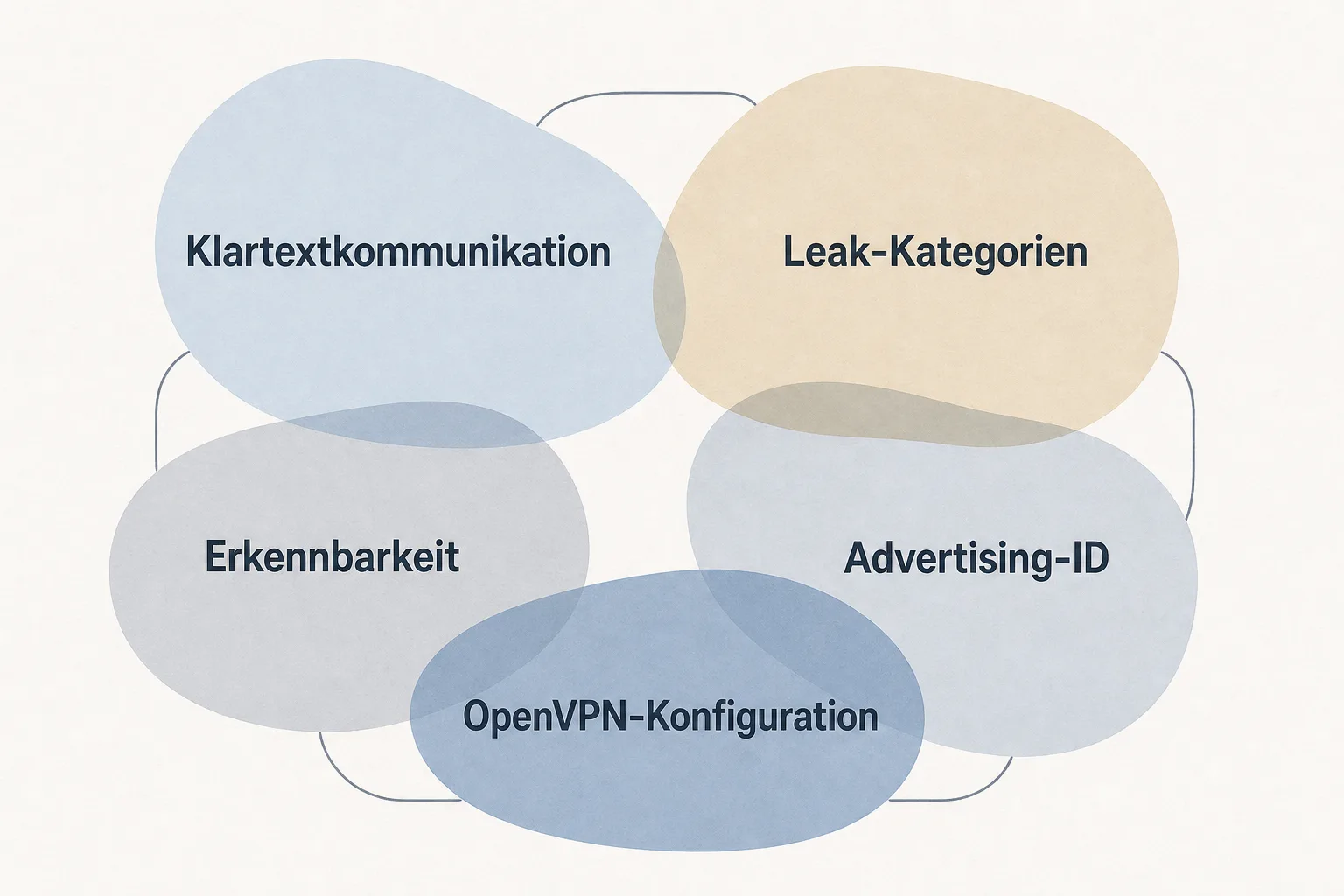 Redaktionelle Grafik zeigt getrennte, teils überlappende Prüfbereiche wie Klartextkommunikation, Leak-Kategorien und OpenVPN-Konfiguration.