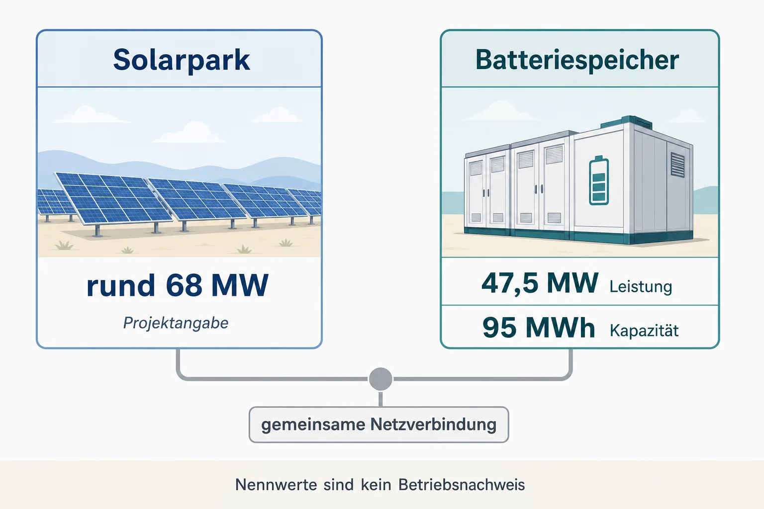 Redaktionelle Grafik trennt rund 68 Megawatt Solarleistung von 47,5 Megawatt Batterieleistung und 95 Megawattstunden Speicherkapazität
