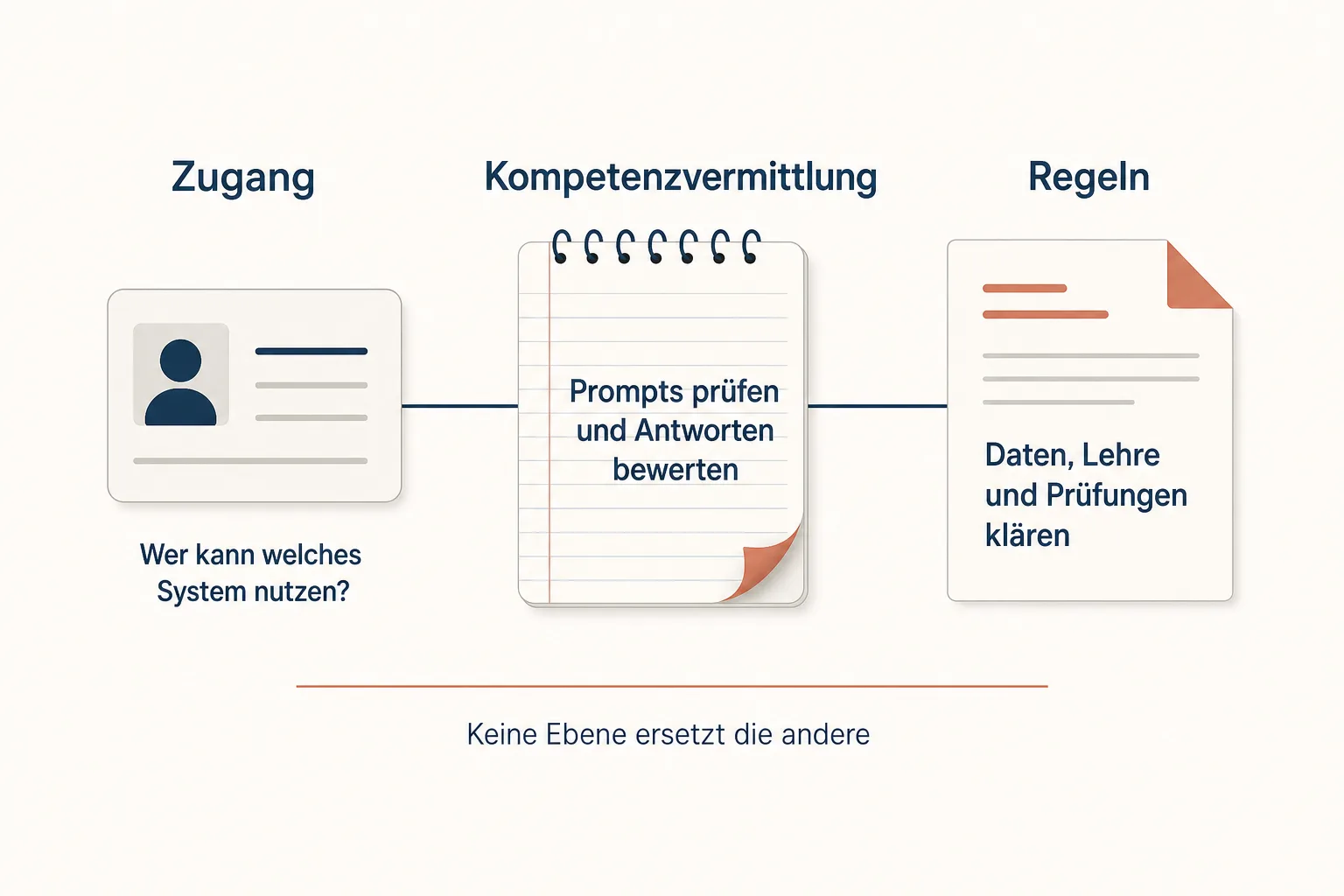 Redaktionelle Grafik trennt Zugang, Kompetenzvermittlung und Regeln bei institutioneller KI-Nutzung