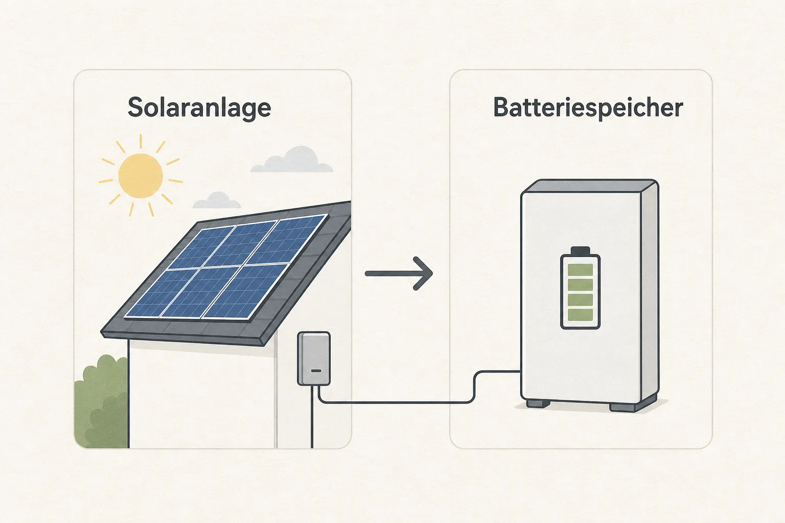 Illustration mit getrennten Bereichen für Solaranlage und Batteriespeicher
