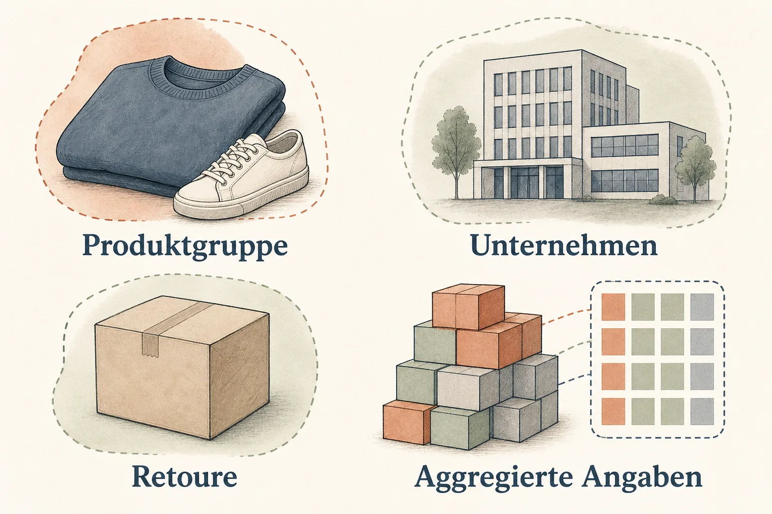 Redaktionelle Grafik ordnet Produktgruppe, Unternehmen, mögliche Retoure und aggregierte Angaben als getrennte Grenzen der Regel ein