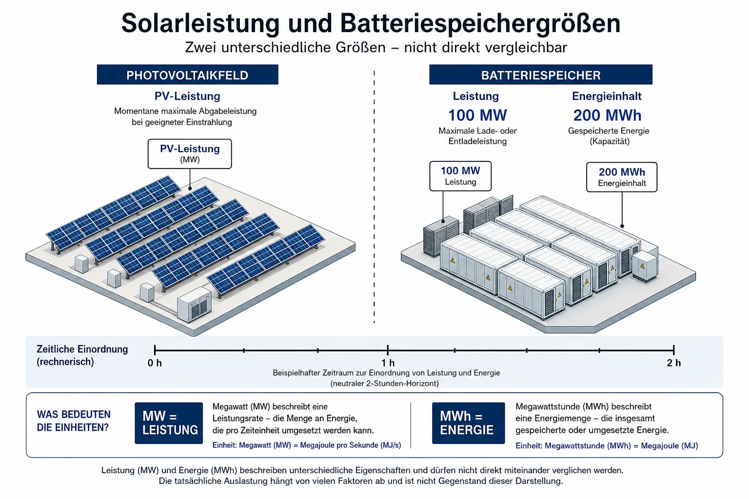 Erklärgrafik trennt Solarleistung von Batterieleistung und Energieinhalt