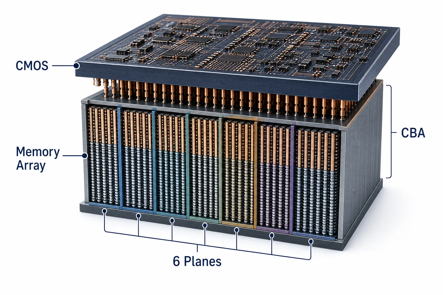 Technische Schnittgrafik mit CMOS-Schicht, Speicher-Array und sechs parallel angeordneten NAND-Planes