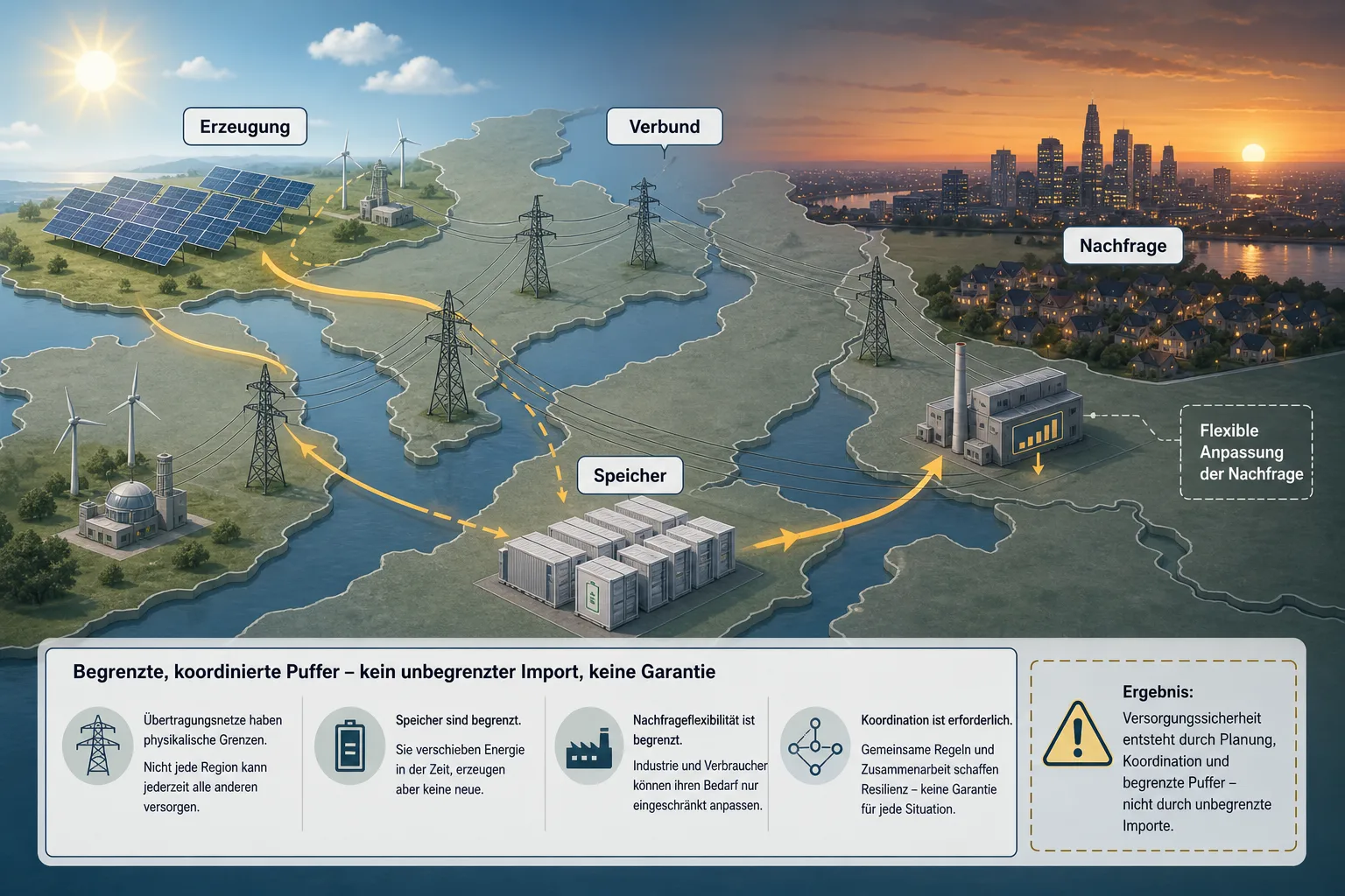 Erklärillustration mit Stromerzeugung, grenzüberschreitendem Verbund, Batteriespeicher und flexibler Nachfrage