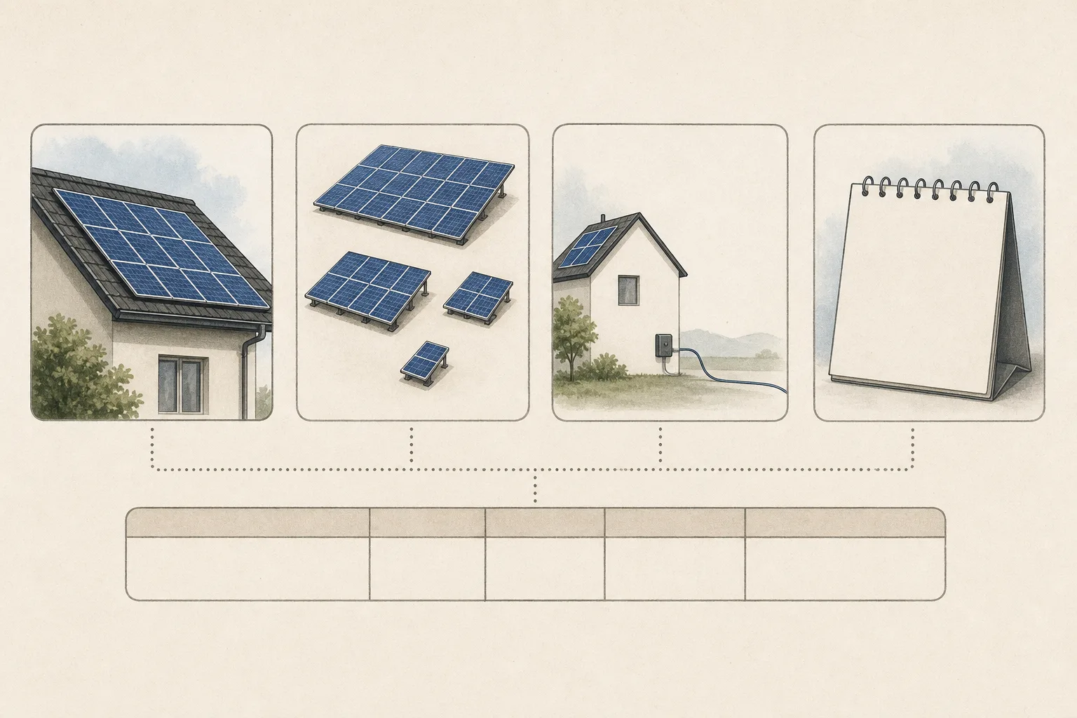 Redaktionelle Grafik ordnet Anlagenart, Leistungsstufe, Einspeiseart und Inbetriebnahmetag als getrennte Faktoren einer PV-Tarifzeile