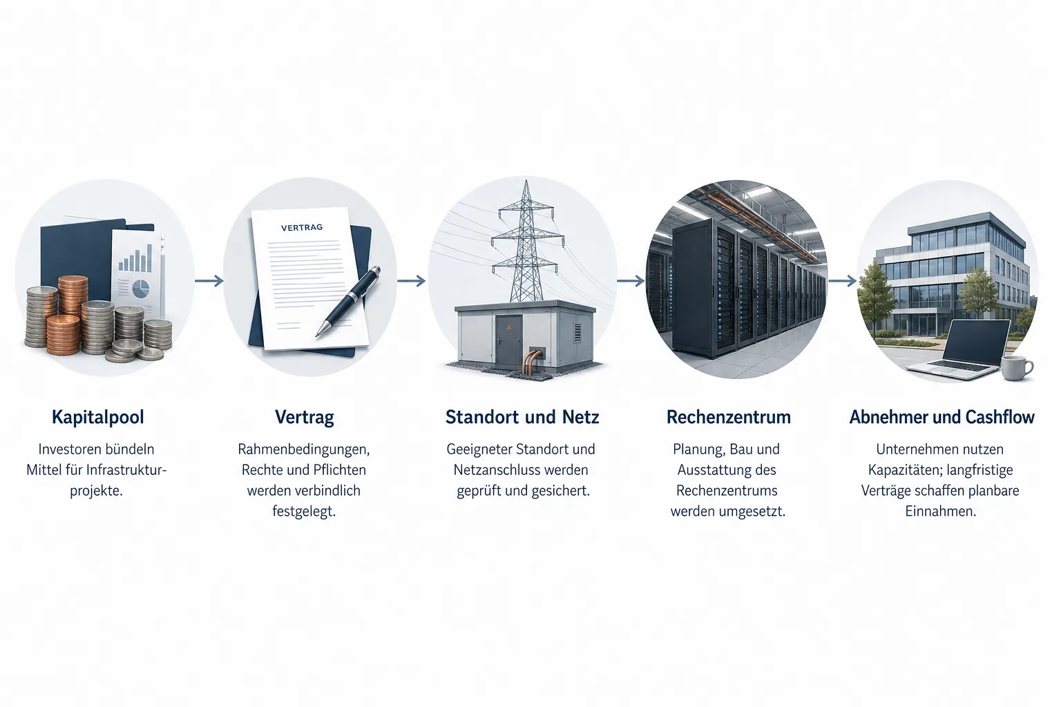 Redaktionelle Prozessgrafik vom Kapitalpool über Vertrag und Netzanschluss zum Rechenzentrum