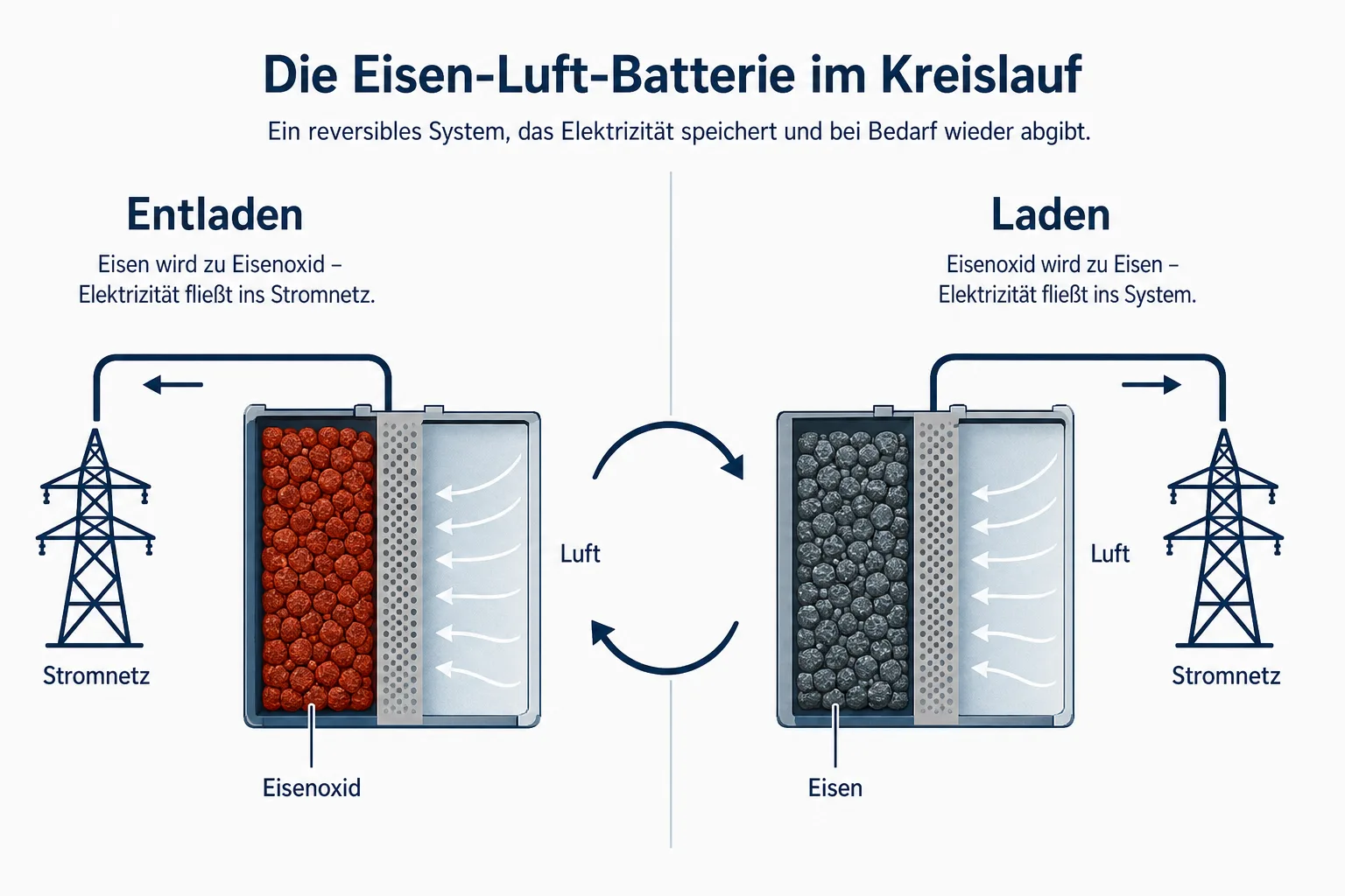 Erklärdiagramm mit Eisen, Eisenoxid, Luft und Stromfluss beim Entladen und Laden einer Eisen-Luft-Batterie