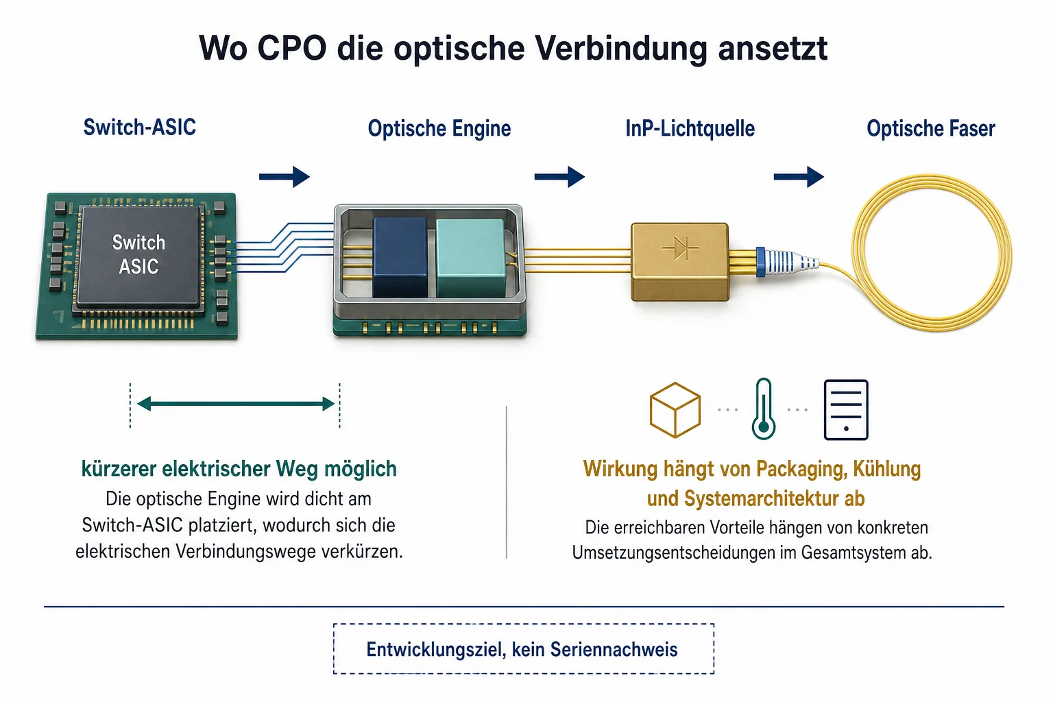 Erklärgrafik mit Switch-ASIC, optischer Engine, InP-Lichtquelle und optischer Faser