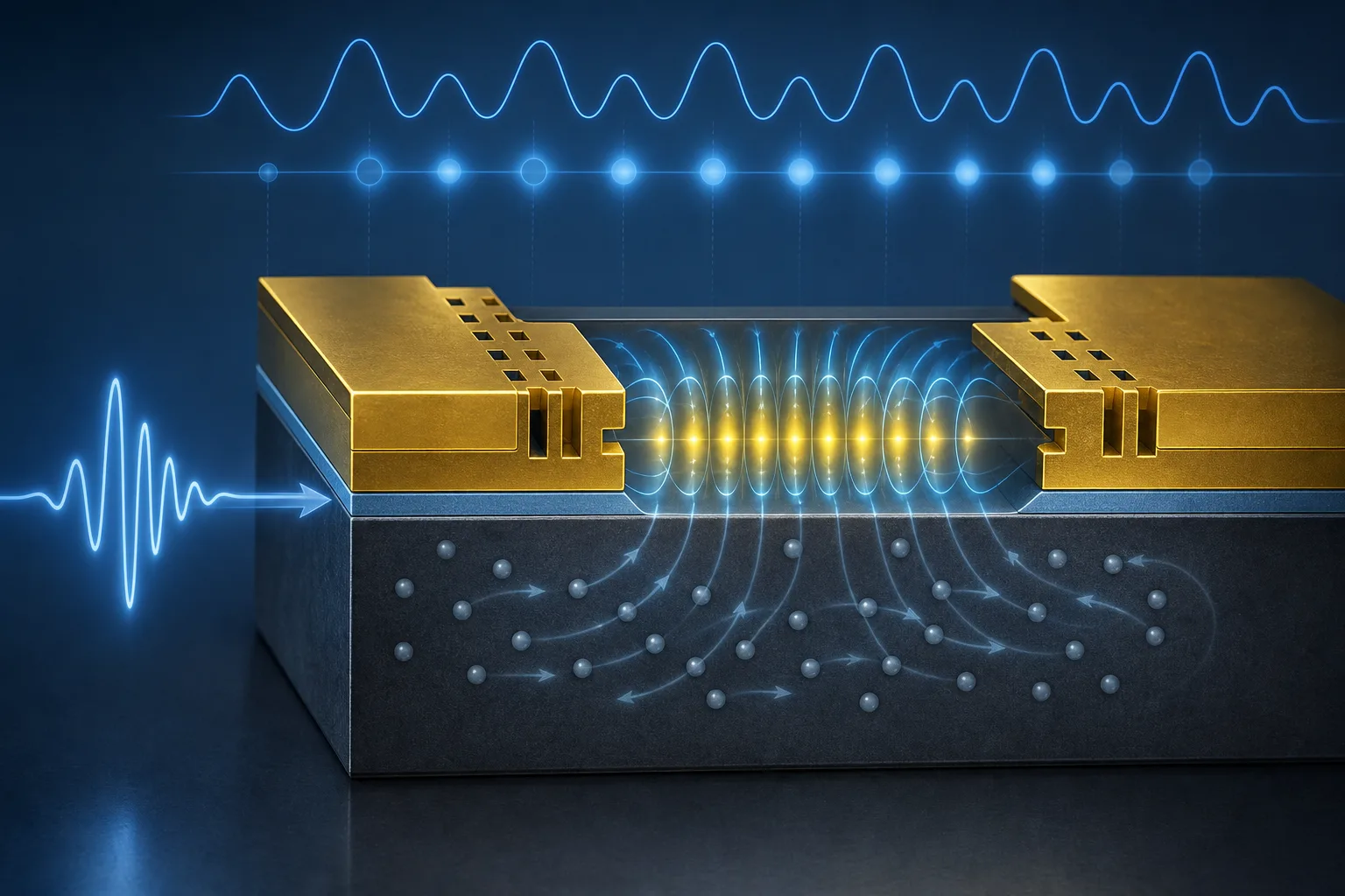 Grafischer Querschnitt einer plasmonischen Kavität mit Goldstrukturen, Isolatorschicht, InSb und einfallendem Terahertz-Puls.