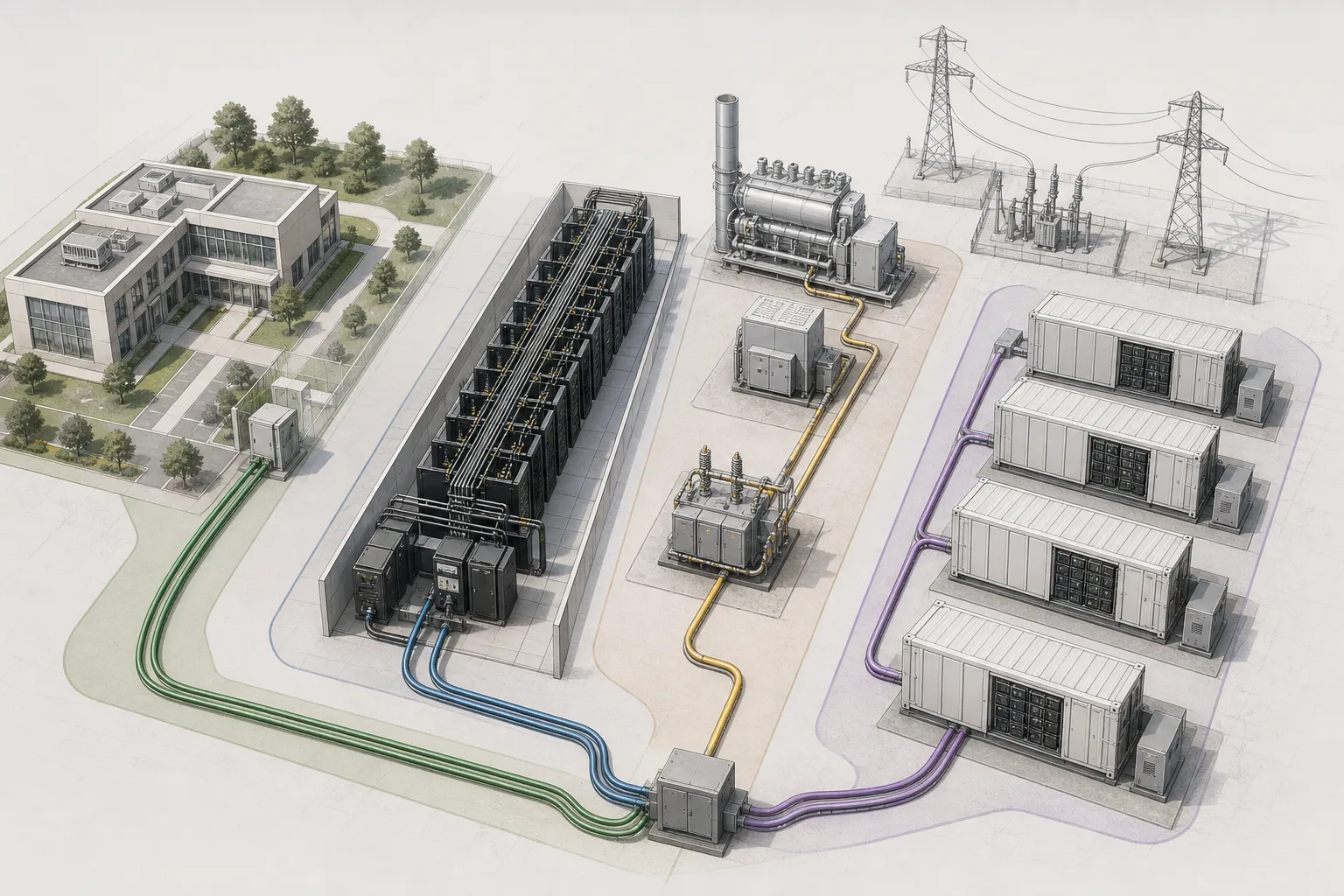 Redaktionelle Schemaillustration mit getrennten Bereichen für Campusversorgung, Rechenleistung, Gasleistung und Batteriespeicher.