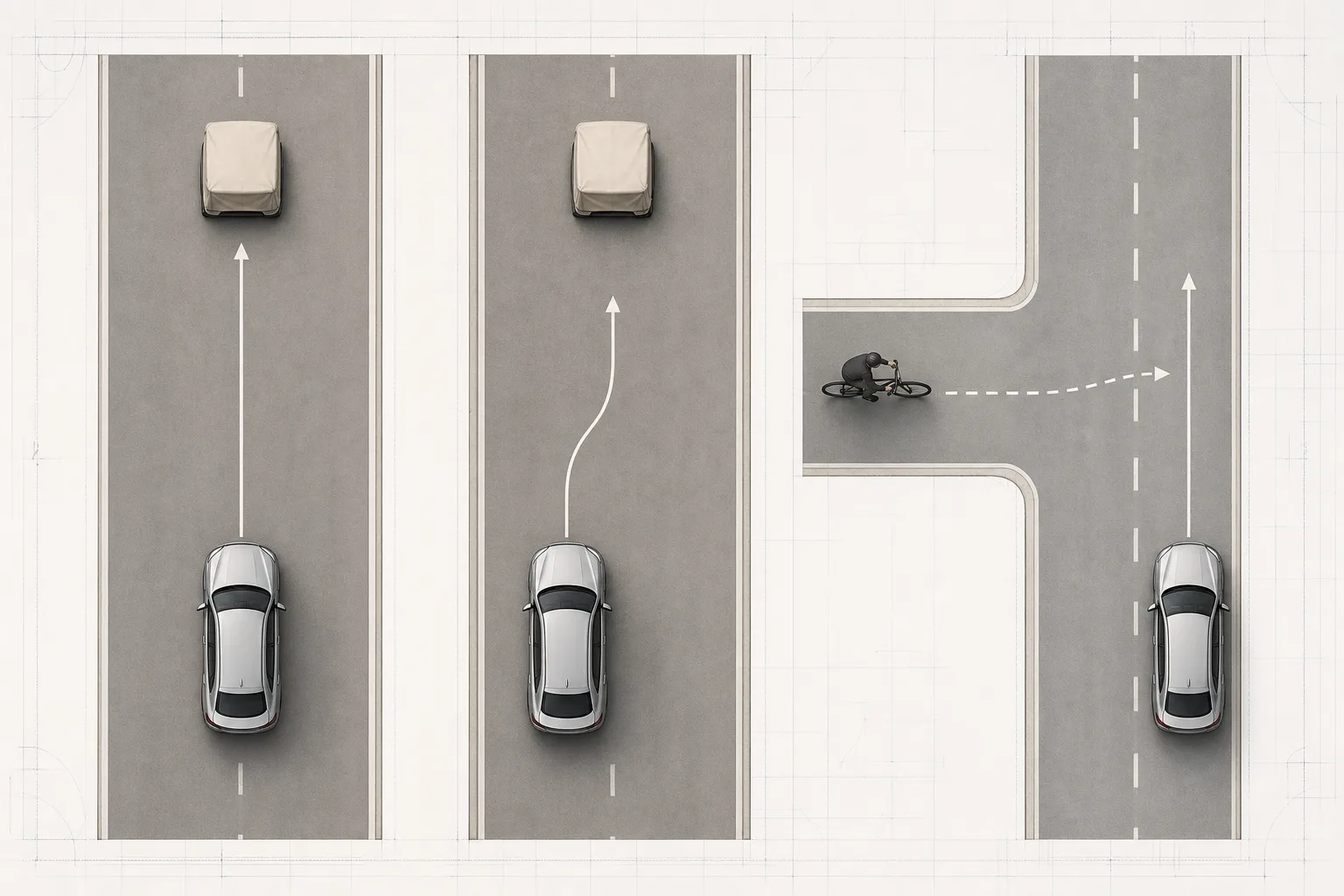 Grafische Draufsicht mit drei getrennten Testsituationen: stehendes Ziel, Fahrzeugweg und von links kreuzender Radfahrer.