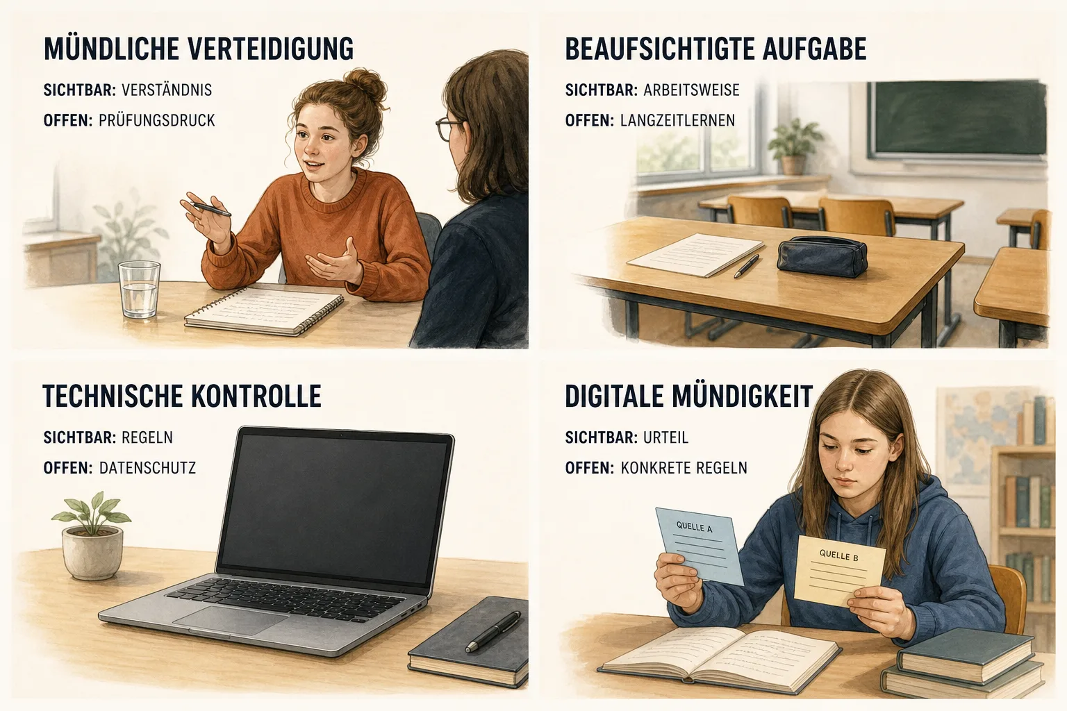 Editoriale Vier-Felder-Grafik zu mündlicher Verteidigung, beaufsichtigten Aufgaben, technischen Kontrollen und digitaler Mündigkeit