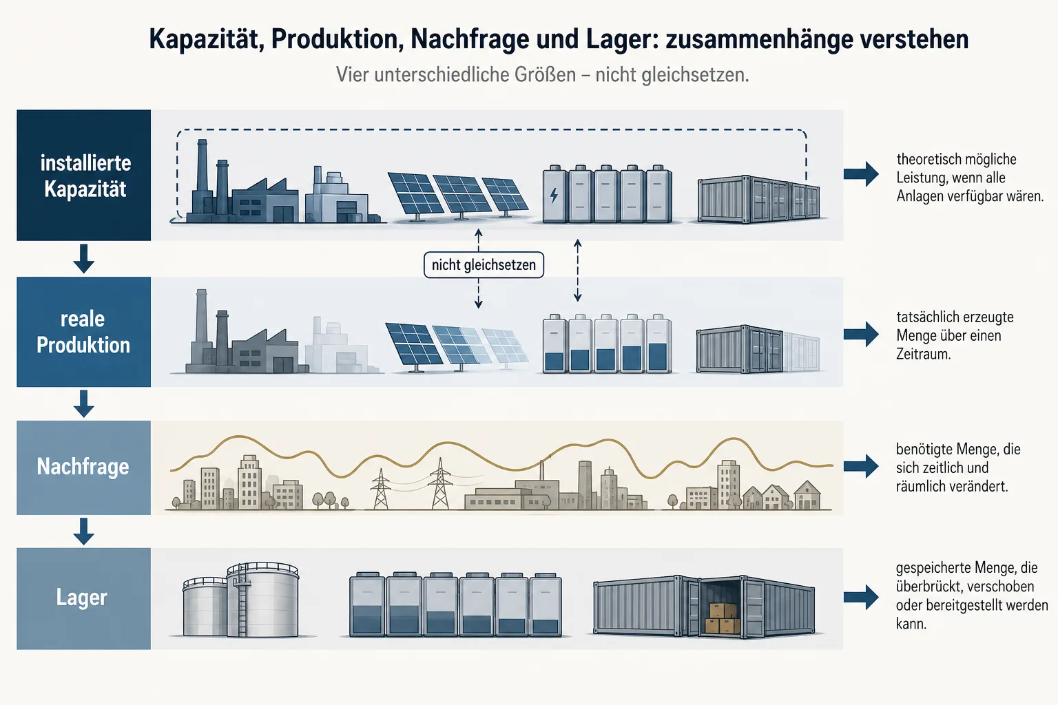 Erklärgrafik trennt installierte Kapazität, reale Produktion, Nachfrage und Lager als vier miteinander verbundene Größen.