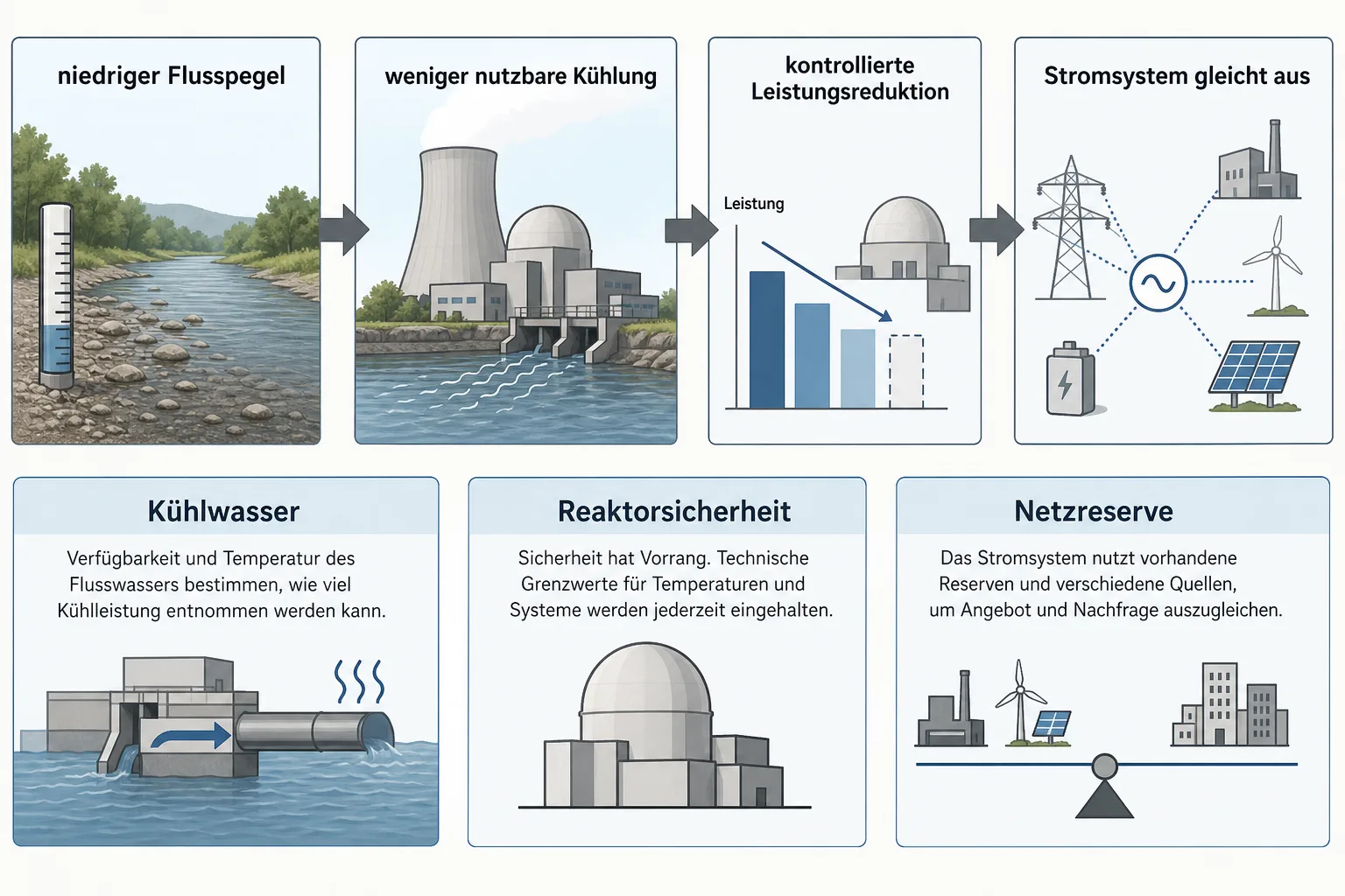 Erklärgrafik mit Flusspegel, Kühlwasser, kontrollierter Leistungsreduktion und Ausgleich im Stromsystem
