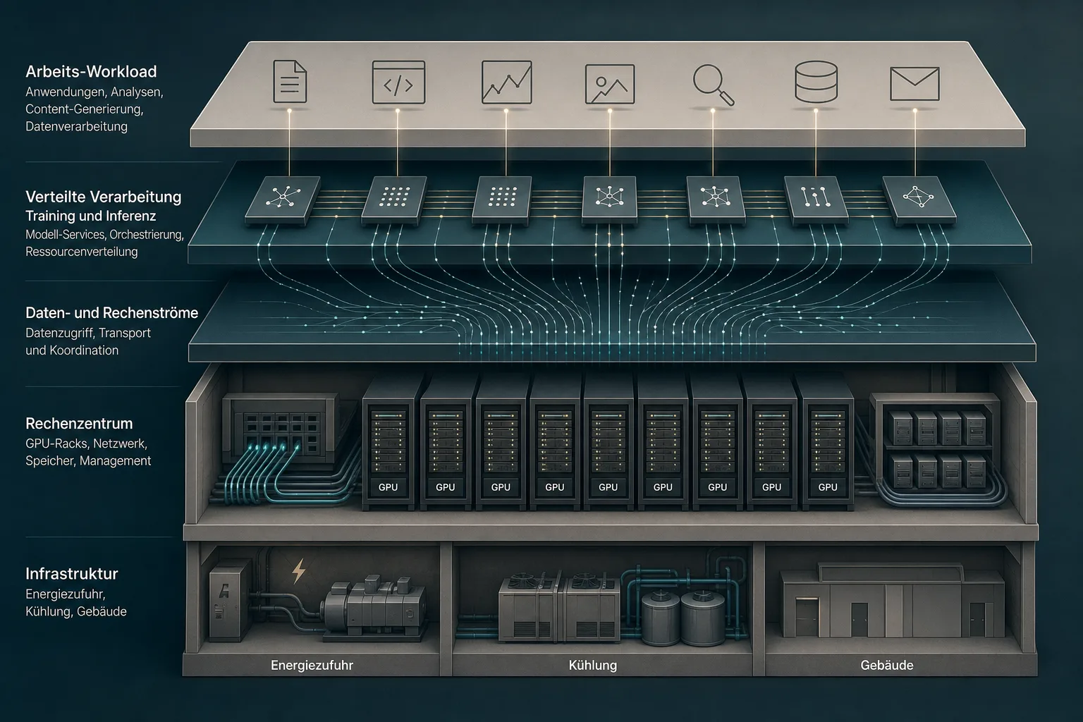 Illustrative Schnittansicht mit Energiezufuhr, Kühlung, GPU-Racks und abstrahierten Rechenströmen zu einer Ebene für verteilte KI-Workloads.