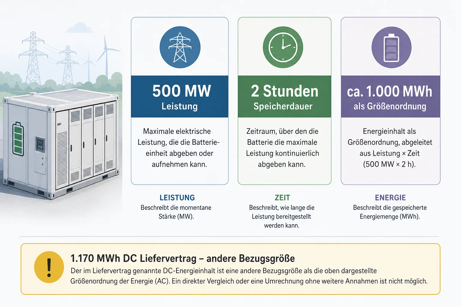 Erklärgrafik mit 500 MW Leistung, zwei Stunden Speicherdauer, ungefähr 1.000 MWh und einem getrennten 1.170-MWh-DC-Liefervertrag