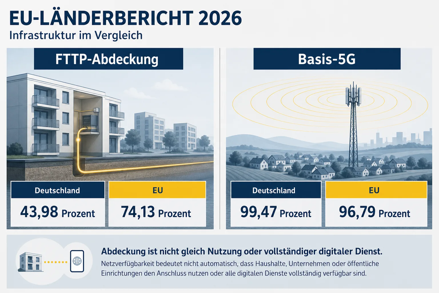 Redaktionelle Vergleichsgrafik mit FTTP-Abdeckung und Basis-5G für Deutschland und die EU