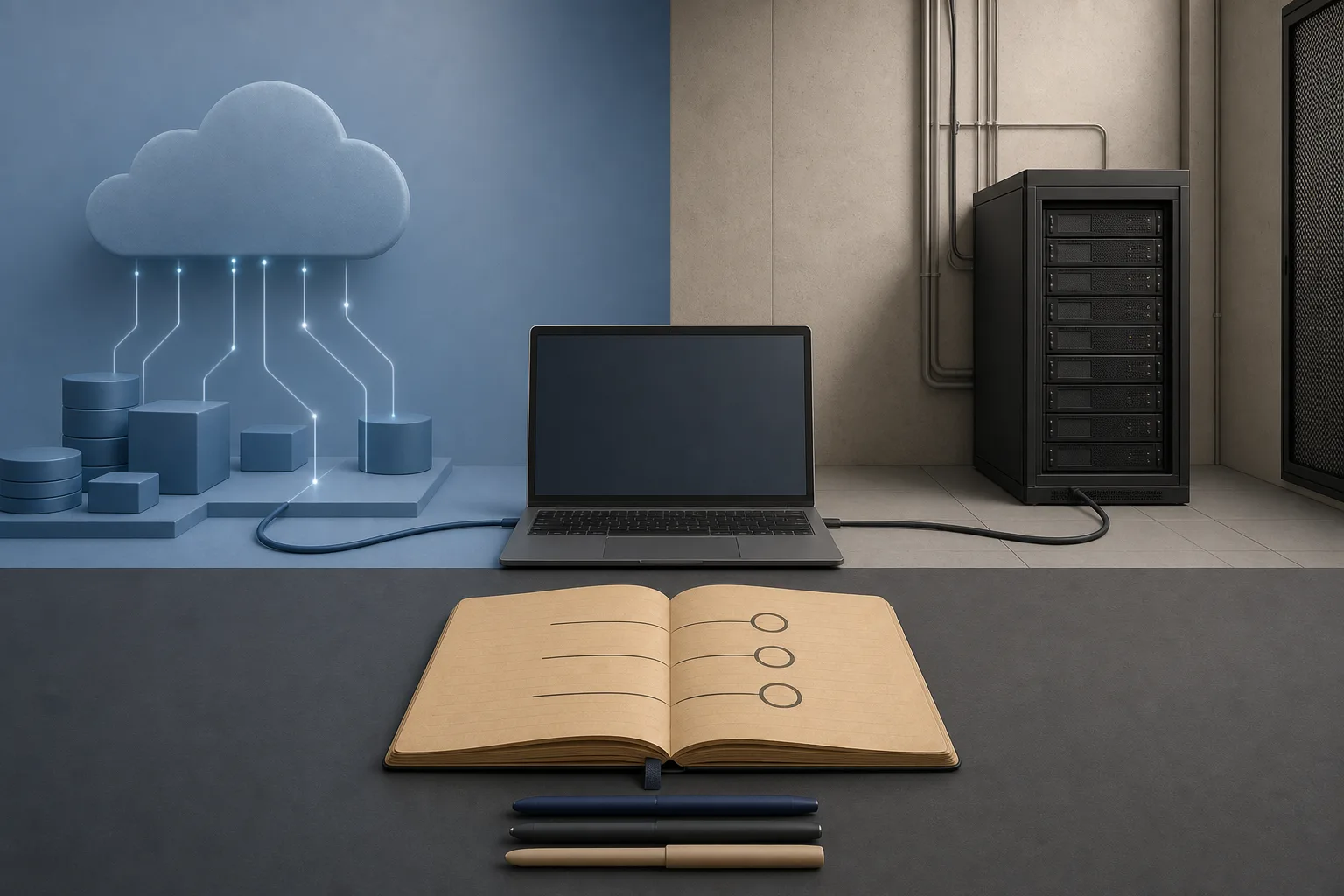 Redaktionelle Illustration stellt eine gehostete Cloud-Verbindung einer eigenen Server-Infrastruktur gegenüber.