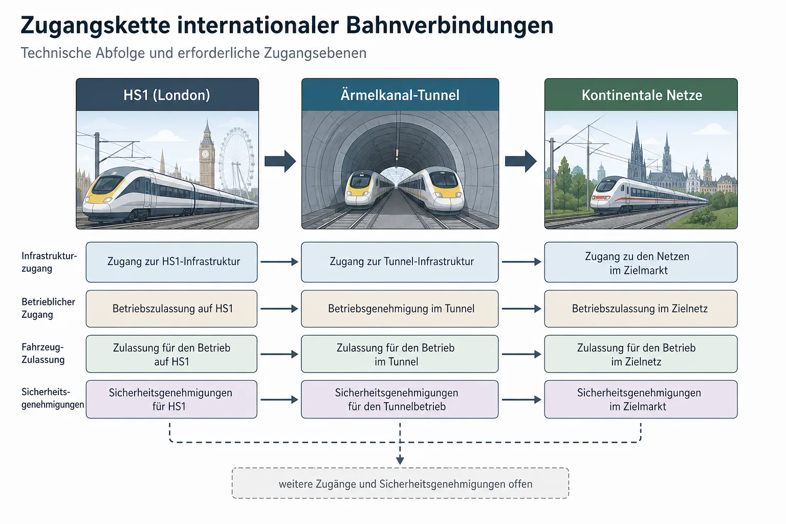 Erklärgrafik mit HS1, Ärmelkanal-Tunnel und kontinentaleuropäischen Bahnnetzen