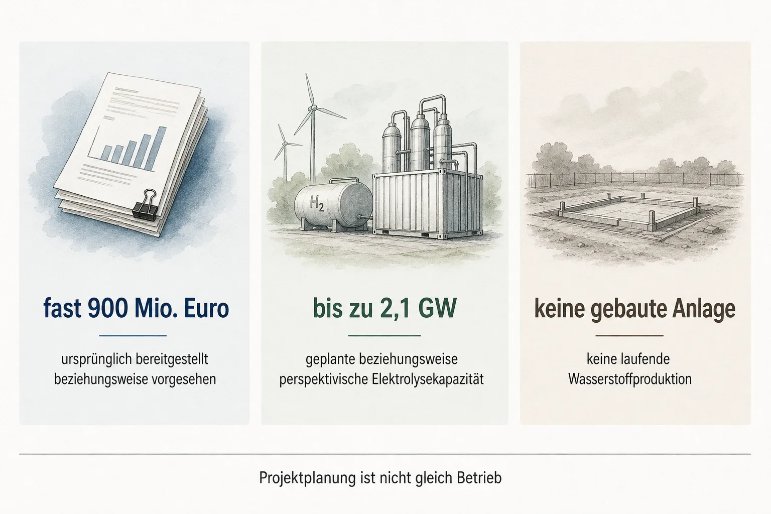 Erklärgrafik trennt fast 900 Millionen Euro ursprünglich bereitgestellte beziehungsweise vorgesehene Unterstützung, bis zu 2,1 GW geplante Elektrolysekapazität und fehlende Produktion