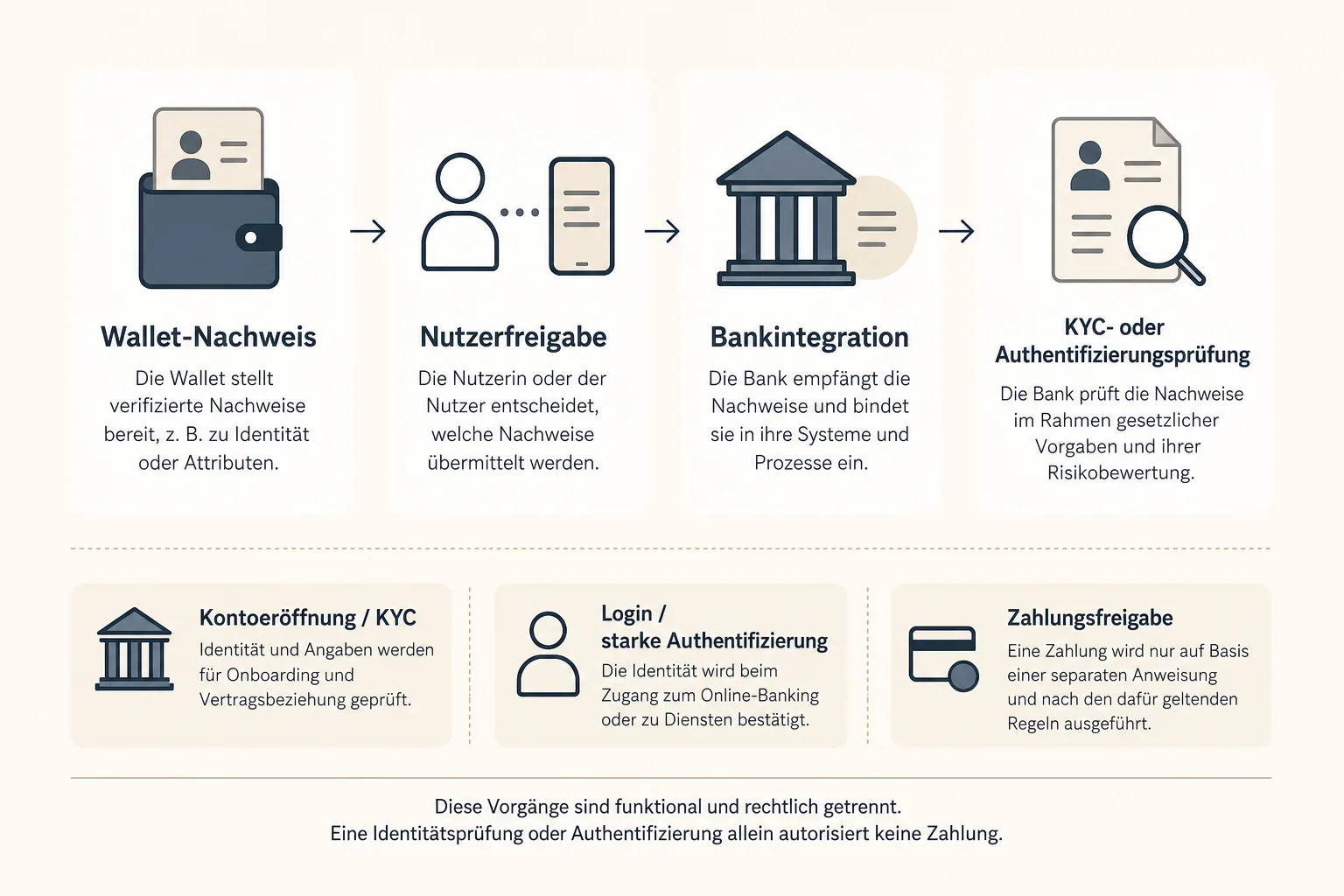 Redaktionelle Prozessgrafik zeigt Wallet-Nachweis, Nutzerfreigabe, Bankintegration und KYC- oder Authentifizierungsprüfung