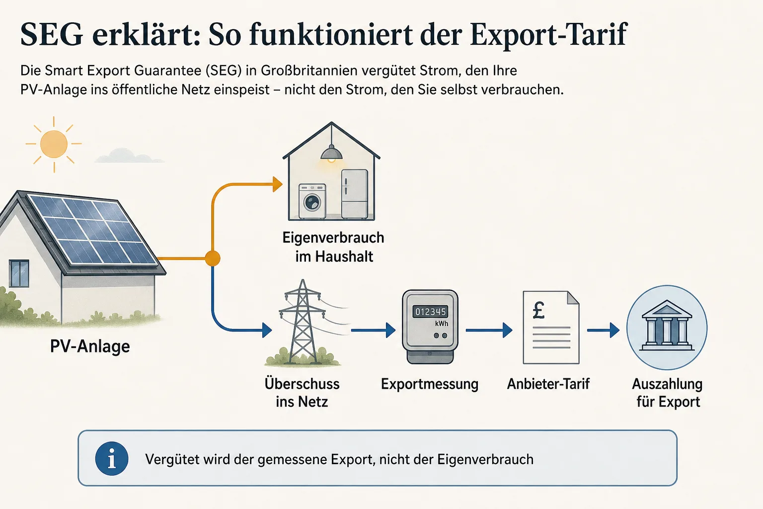 Ablaufgrafik zeigt den Weg von der PV-Anlage über Eigenverbrauch oder Überschuss ins Netz bis zu Messung, Tarif und Auszahlung