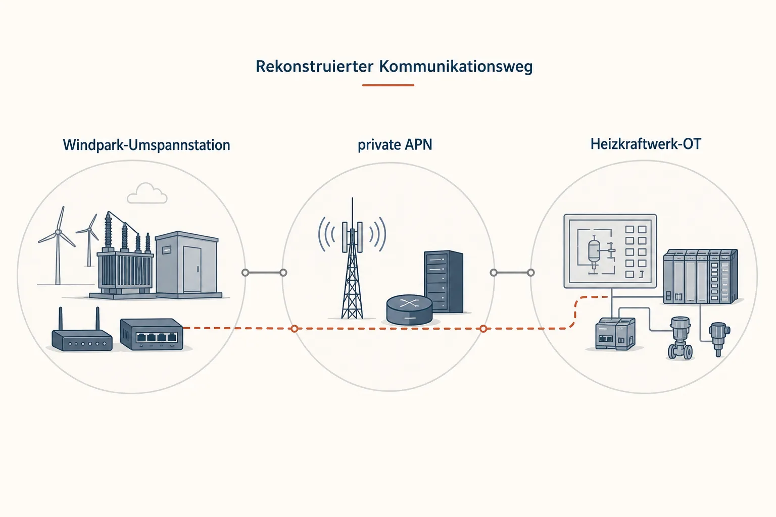 Eine redaktionelle Grafik verbindet Windpark-Umspannstation, private APN und Heizkraftwerk-OT als getrennte Prüfbereiche.