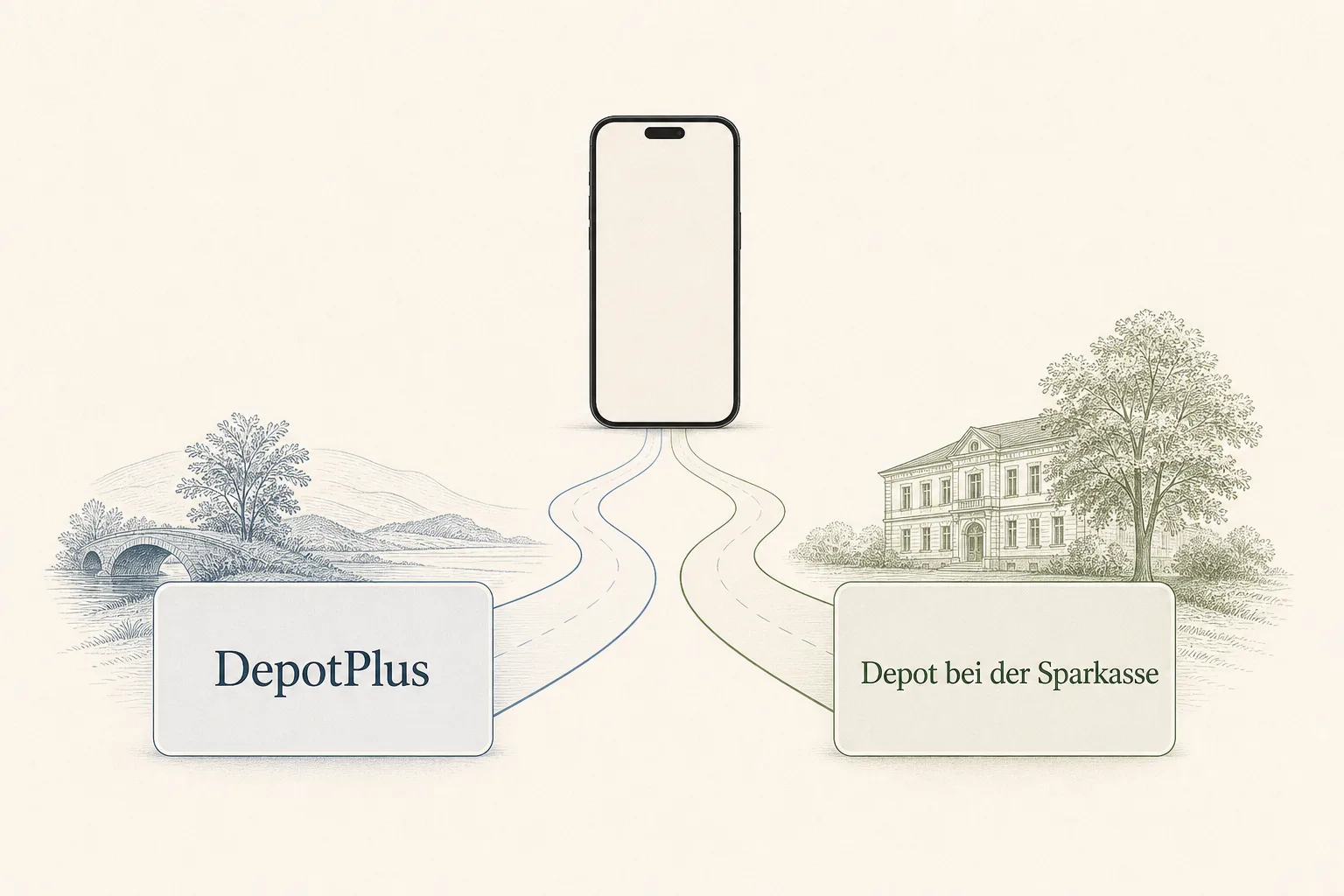 Eine sachliche Redaktiongrafik zeigt ein neutrales Smartphone, von dem zwei getrennte Wege zu den Karten „DepotPlus“ und „Depot bei der Sparkasse“ führen.