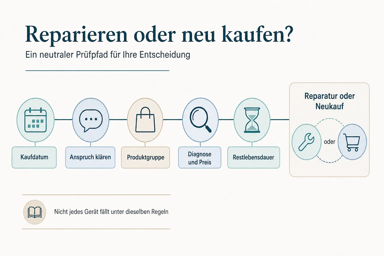 Redaktionelle Grafik führt von Kaufdatum und Anspruch über Produktgruppe und Diagnose zur Entscheidung zwischen Reparatur und Neukauf