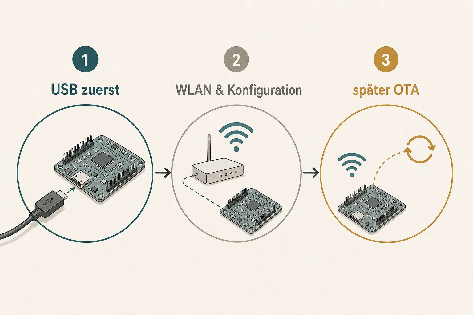 Redaktionelle Prozessgrafik zeigt die drei Schritte USB zuerst, WLAN und Konfiguration sowie später OTA.