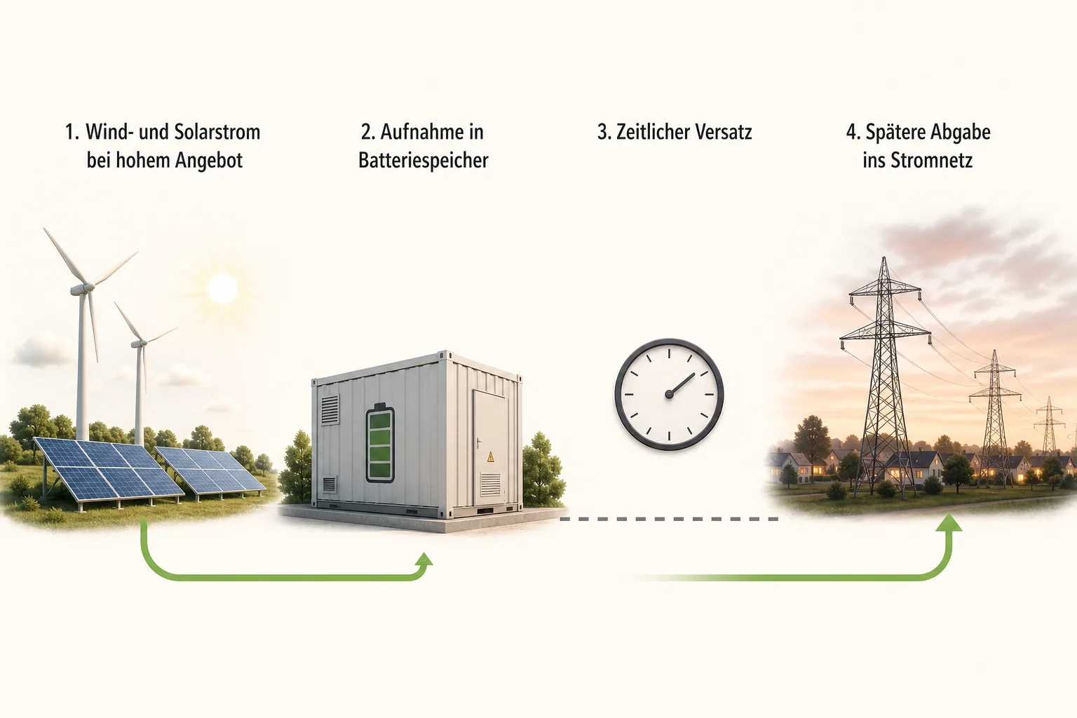 Erklärgrafik mit Wind- und Solarstrom, Batteriespeicher, zeitlichem Versatz und späterer Abgabe ins Stromnetz