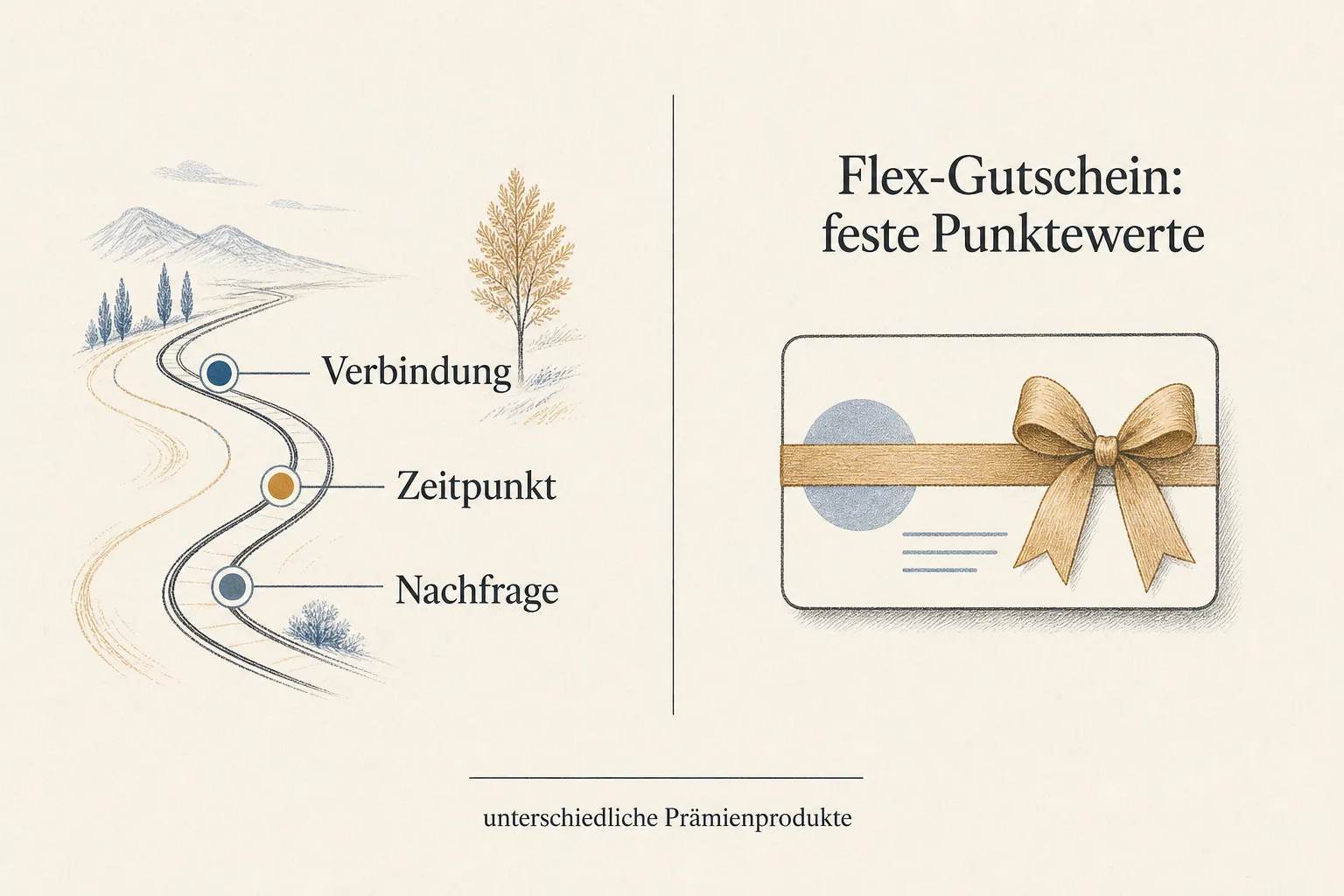 Eine sachliche Magazinillustration stellt einer Strecke mit den Begriffen Verbindung, Zeitpunkt und Nachfrage einen neutralen Flex-Gutschein mit festen Punktewerten gegenüber.