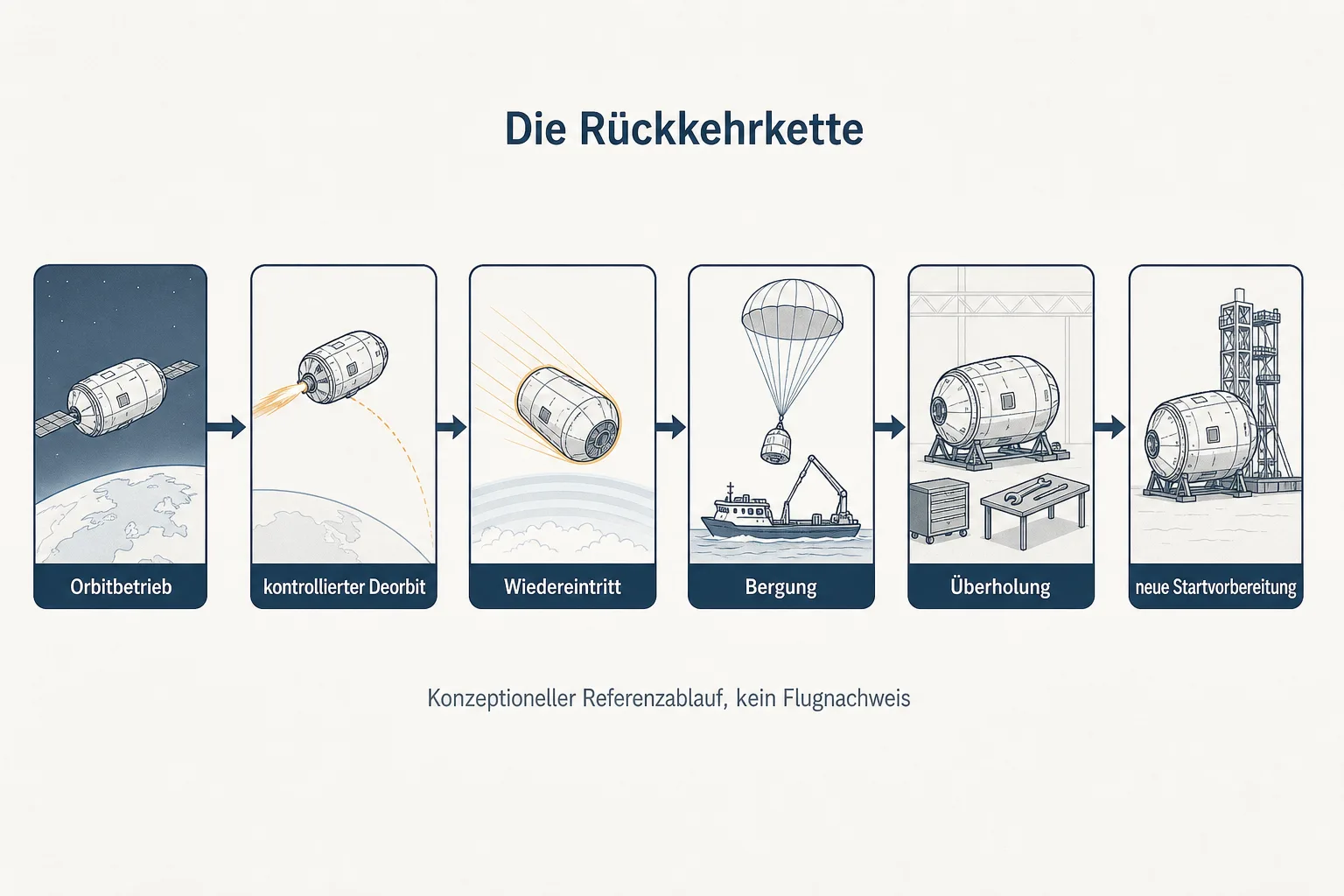 Ablaufgrafik zeigt Orbitbetrieb, kontrollierten Deorbit, Wiedereintritt, Bergung, Überholung und neue Startvorbereitung