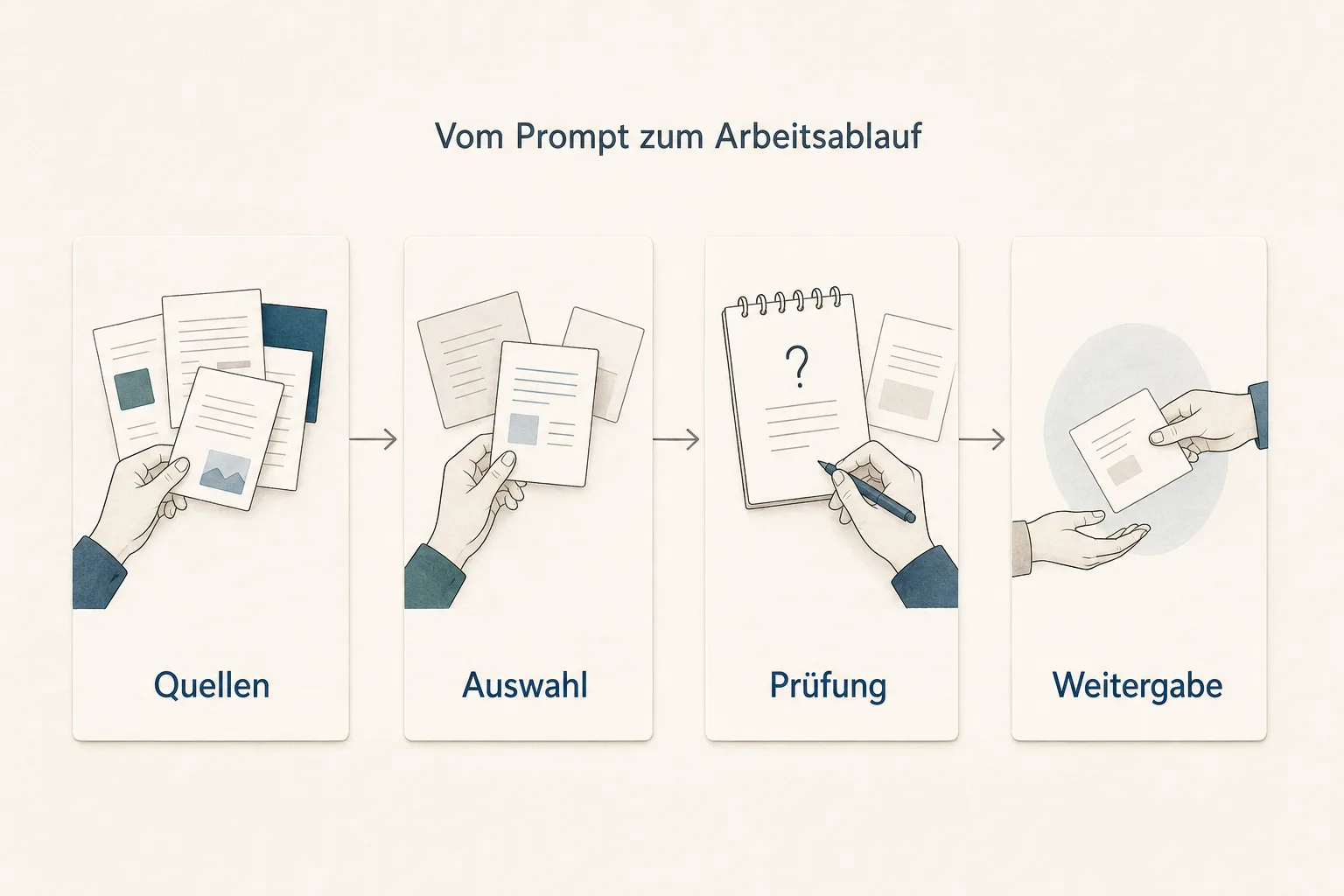 Prozessgrafik zeigt Quellen, Auswahl, Prüfung und Weitergabe als vier Schritte eines KI-Arbeitsablaufs