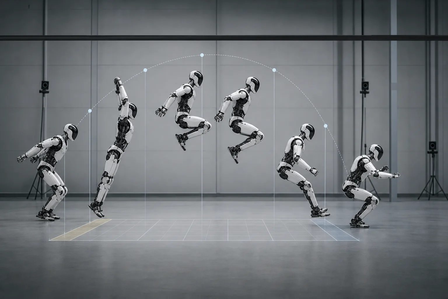 Illustrative Seitenansicht eines humanoiden Roboters mit geometrisch angedeuteter Sprungbahn in einer neutralen Testhalle