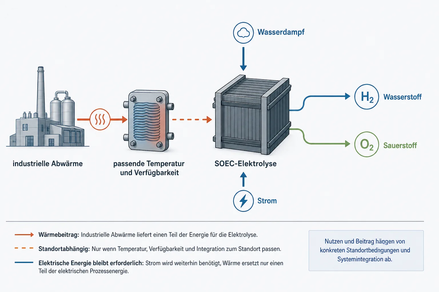 Schema von Prozesswärme und Wasserdampf, die einen SOEC-Elektrolyseur bei der Wasserstofferzeugung unterstützen