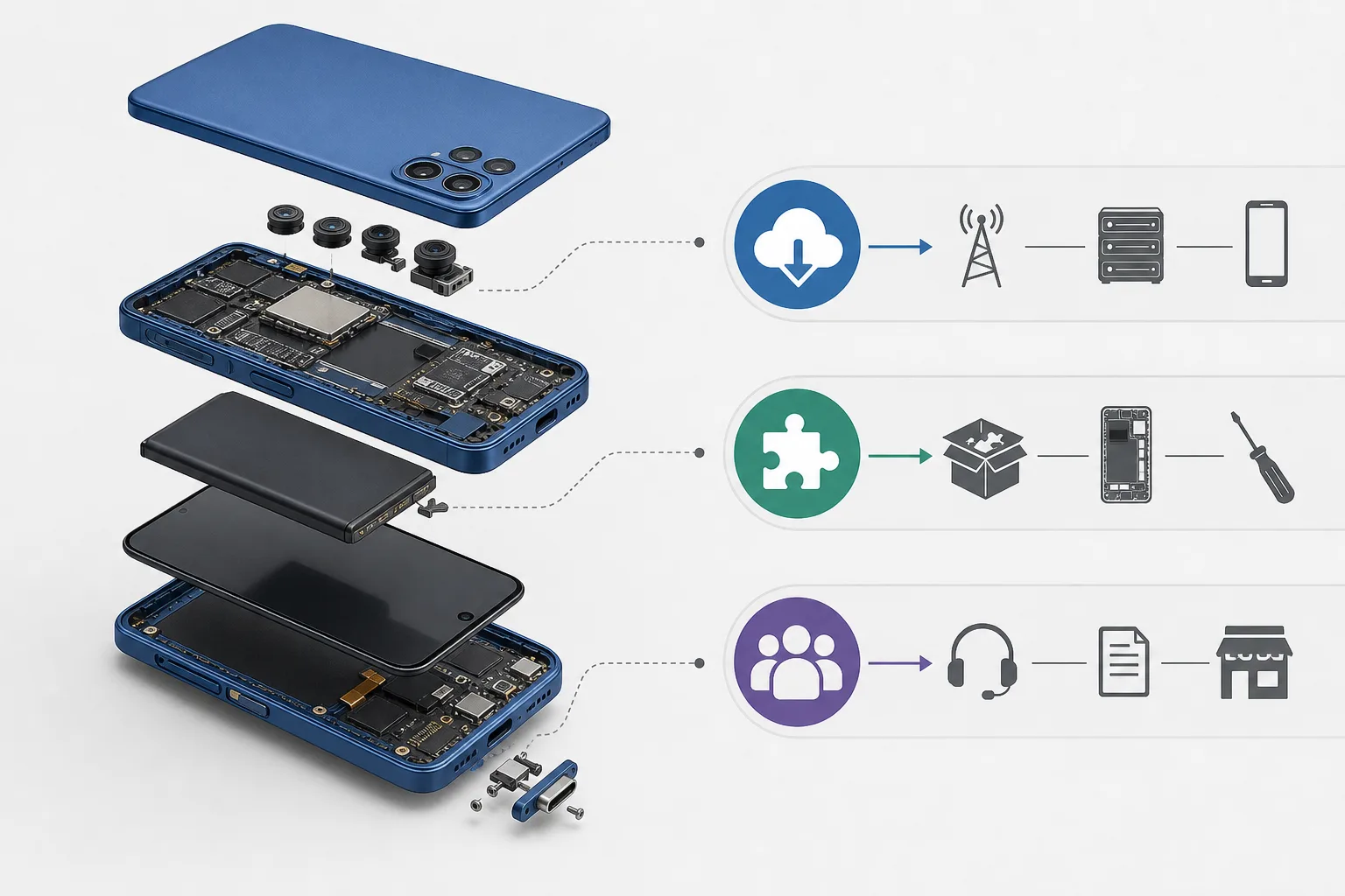 Explosionsdarstellung eines modularen Smartphones mit Akku, Display, USB-C-Port und Kameramodulen