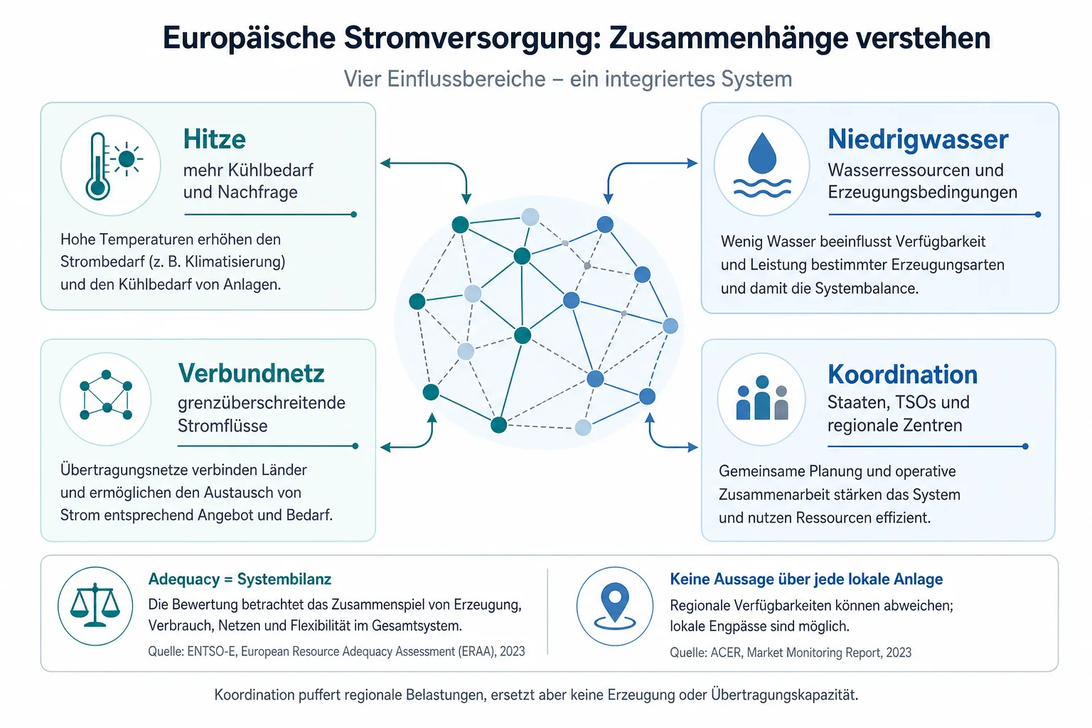 Redaktionelle Grafik verbindet Hitze, Niedrigwasser, Verbundnetz und Koordination mit ihren Auswirkungen auf Nachfrage und Stromflüsse