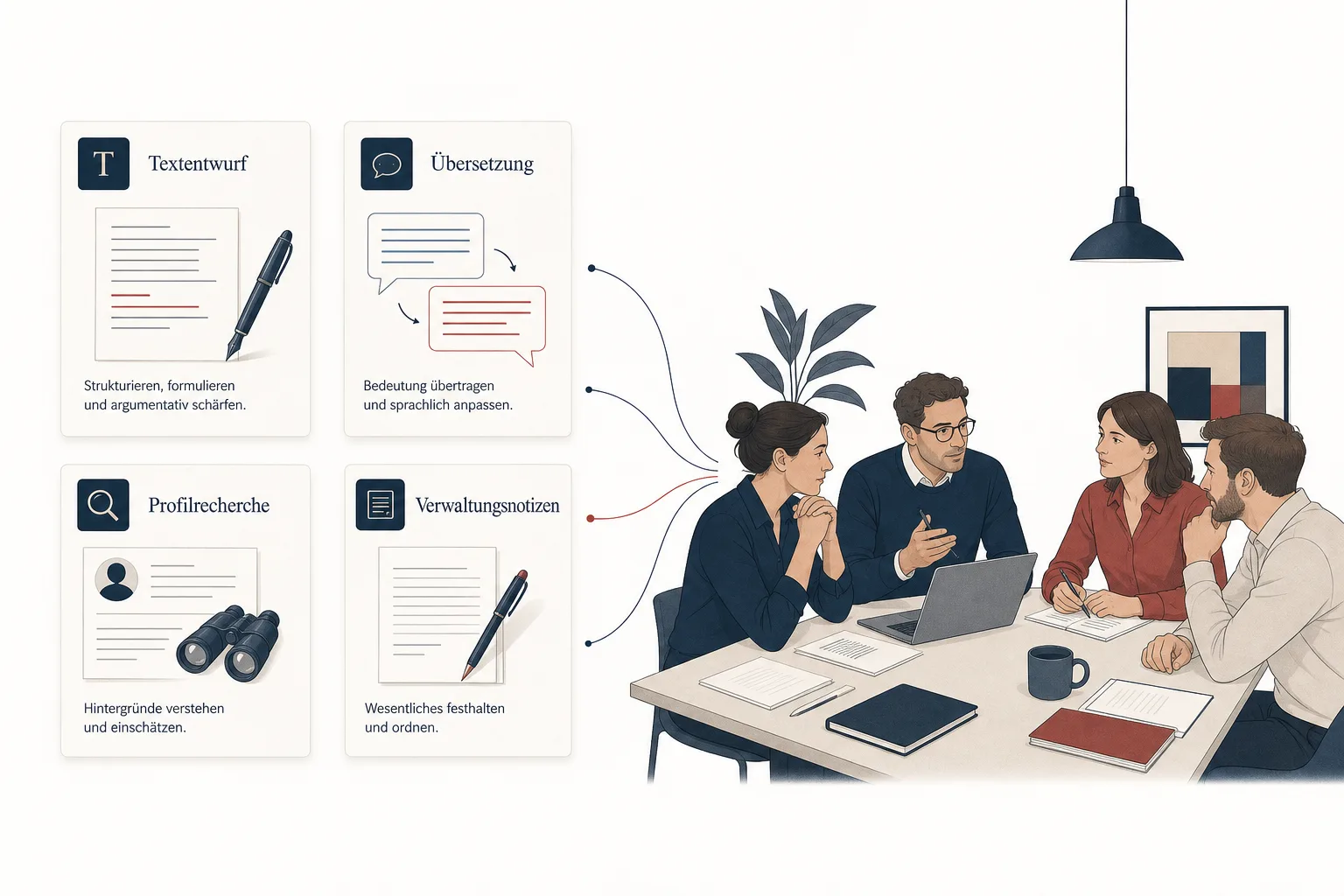 Illustration trennt Text, Übersetzung, Profilrecherche und Verwaltungsnotizen von menschlichen Entscheidungen am Arbeitstisch.