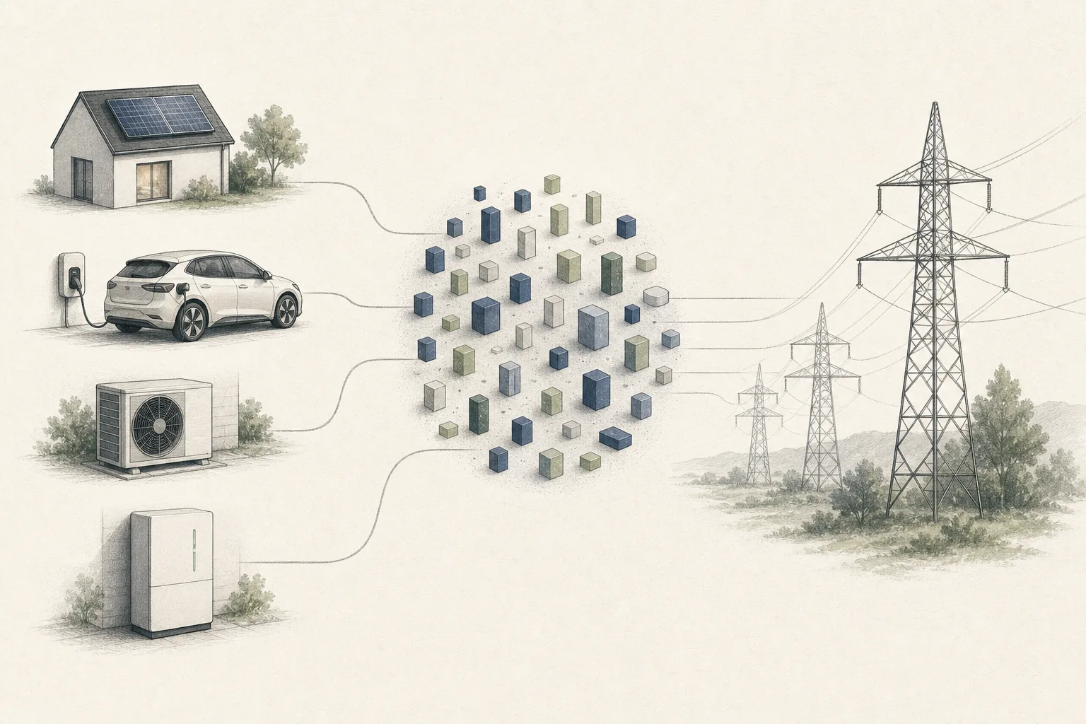 Redaktionelle Illustration verbindet abstrahierte Geräte für E-Auto, Wärmepumpe und Heimspeicher über einen zentralen Pool mit einem neutralen Stromnetz.