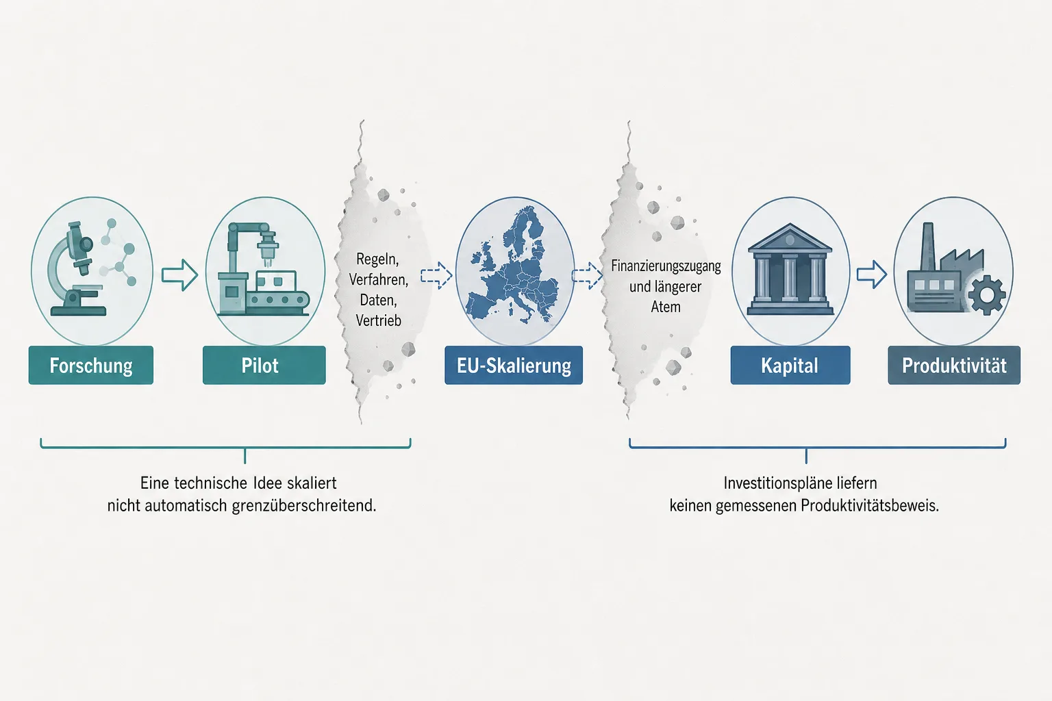 Redaktionelle Prozessgrafik verbindet Forschung, Pilot, EU-Skalierung, Kapital und Produktivität