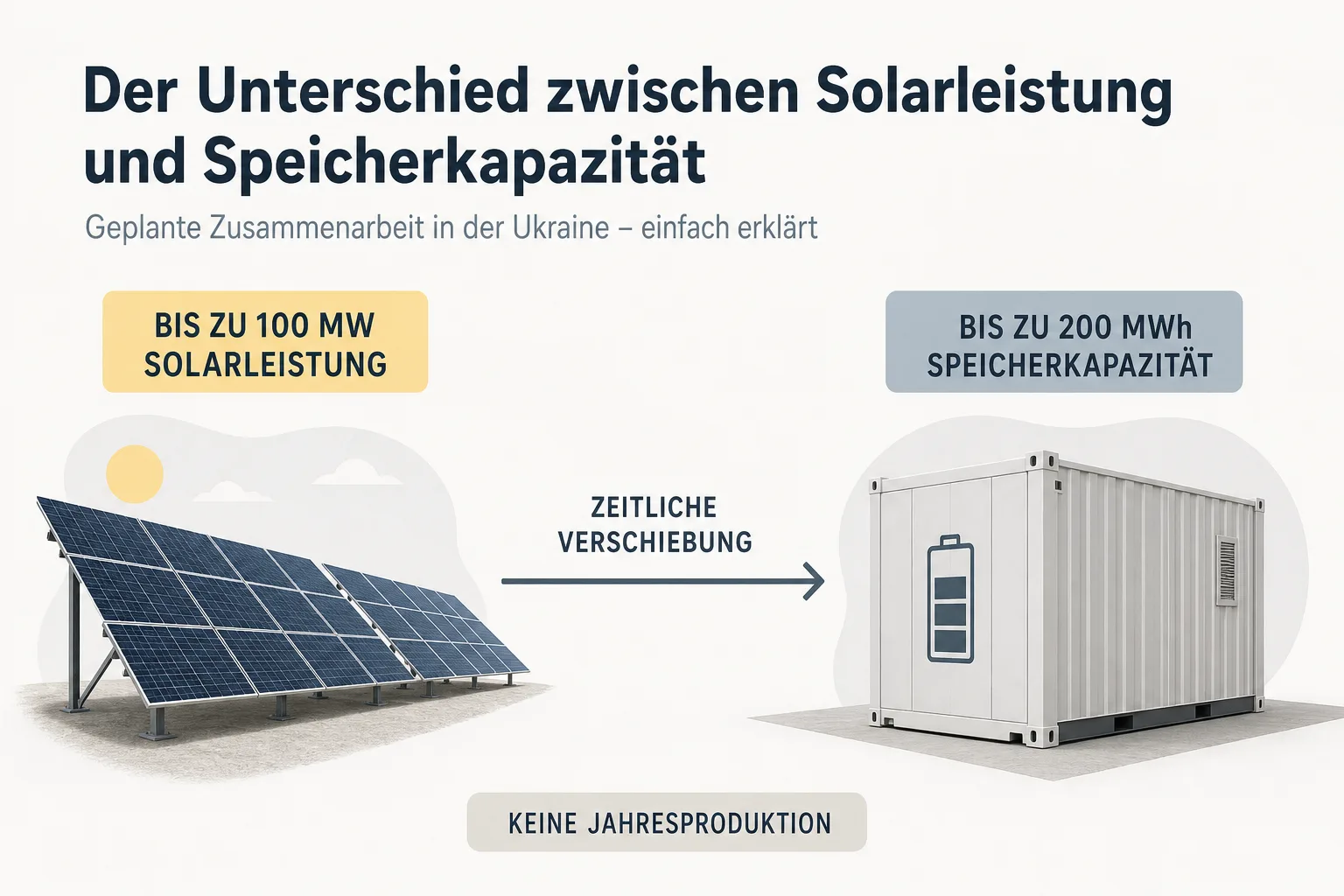 Redaktionelle Grafik stellt bis zu 100 MW Solarleistung und bis zu 200 MWh Speicherkapazität mit zeitlicher Verschiebung gegenüber