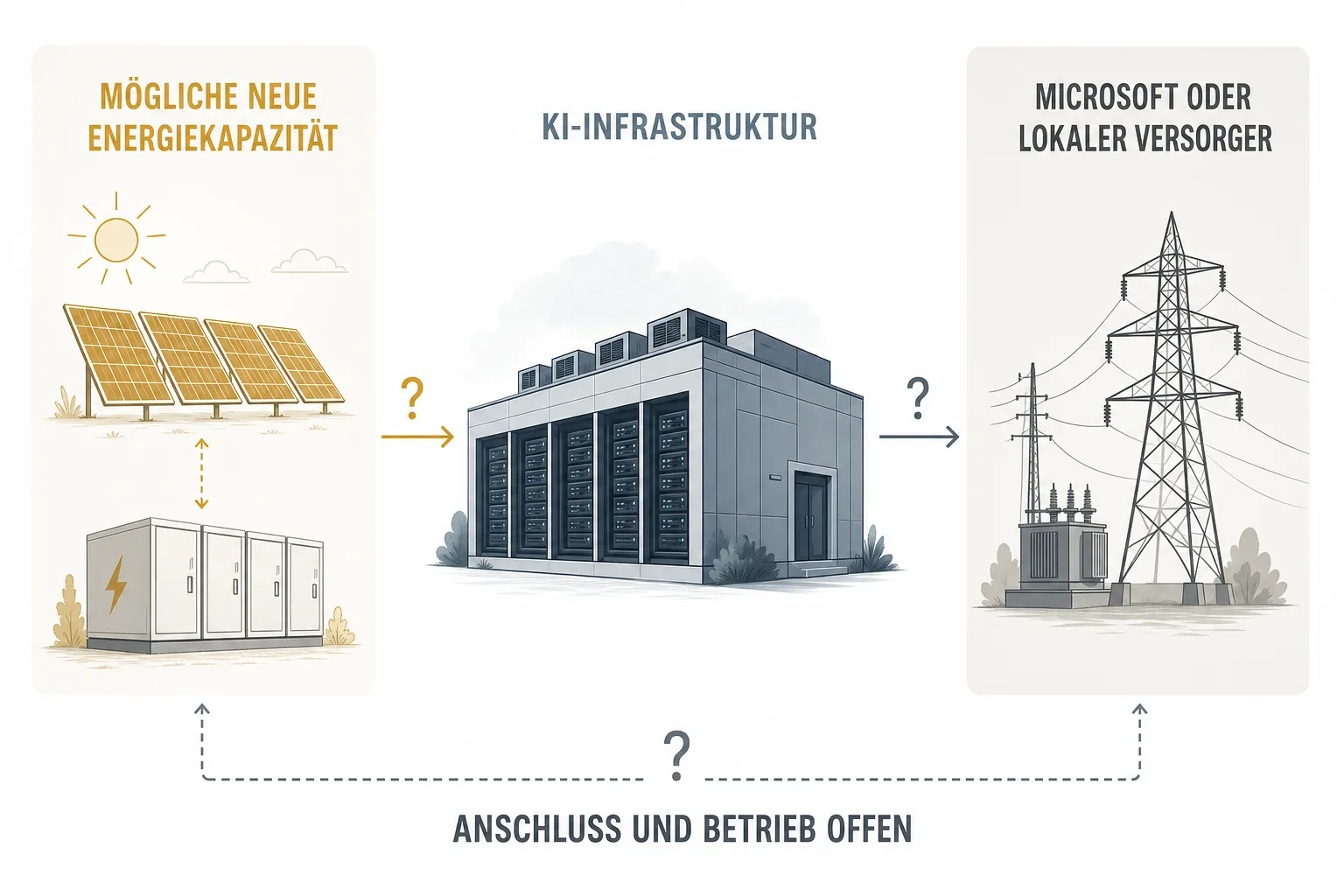 Redaktionelle Grafik trennt mögliche neue Energiekapazität, KI-Infrastruktur sowie Microsoft oder lokalen Versorger und markiert Anschluss und Betrieb als offen