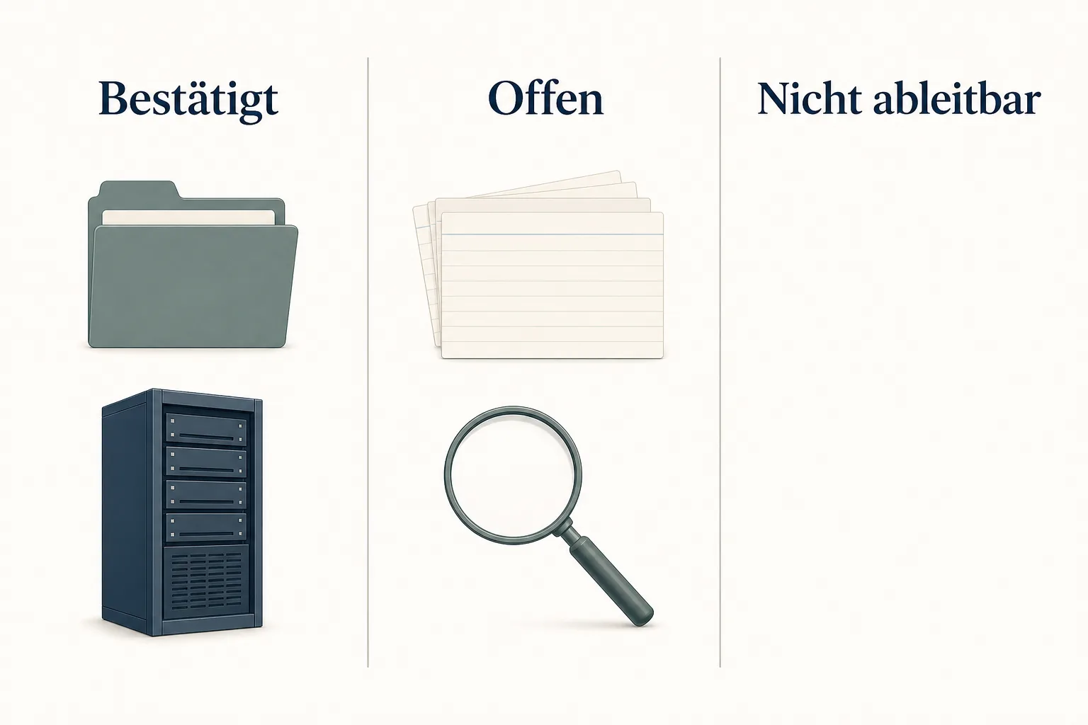 Redaktionelle Dreispalten-Grafik mit den Überschriften Bestätigt, Offen und Nicht ableitbar zur Einordnung eines Sicherheitsvorfalls
